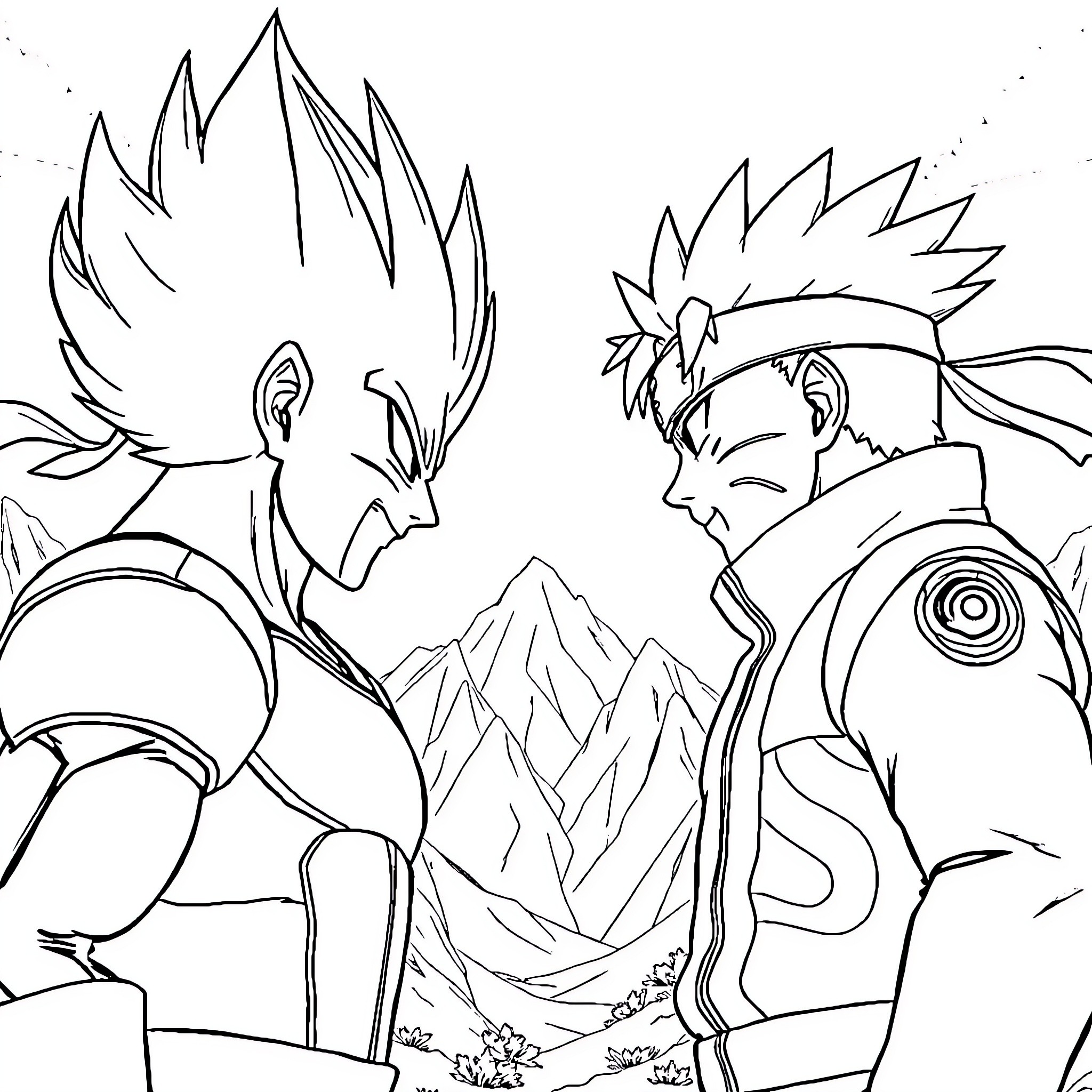 Vegeta and Naruto in epic battle stance Coloring Page (free black-and-white line drawing printable PDF for all, from beginners to advanced learners, including children, teens, adults, and seniors)