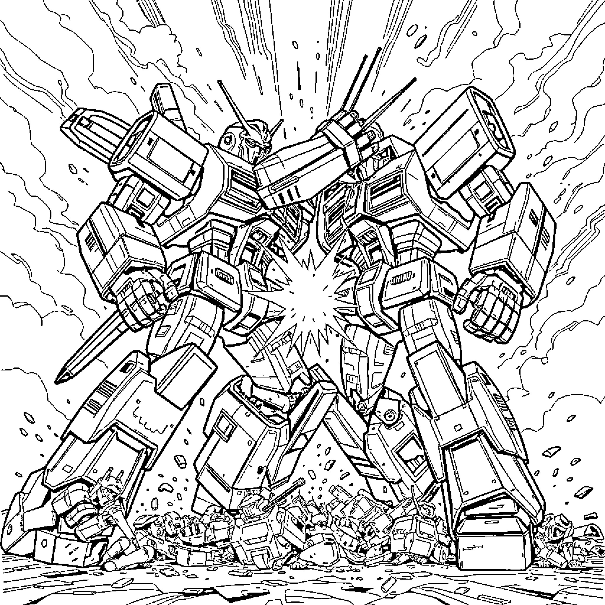 Robot Warriors Engaged in Explosive Battle Coloring Page (free black-and-white line drawing printable PDF for all, from beginners to advanced learners, including children, teens, adults, and seniors)