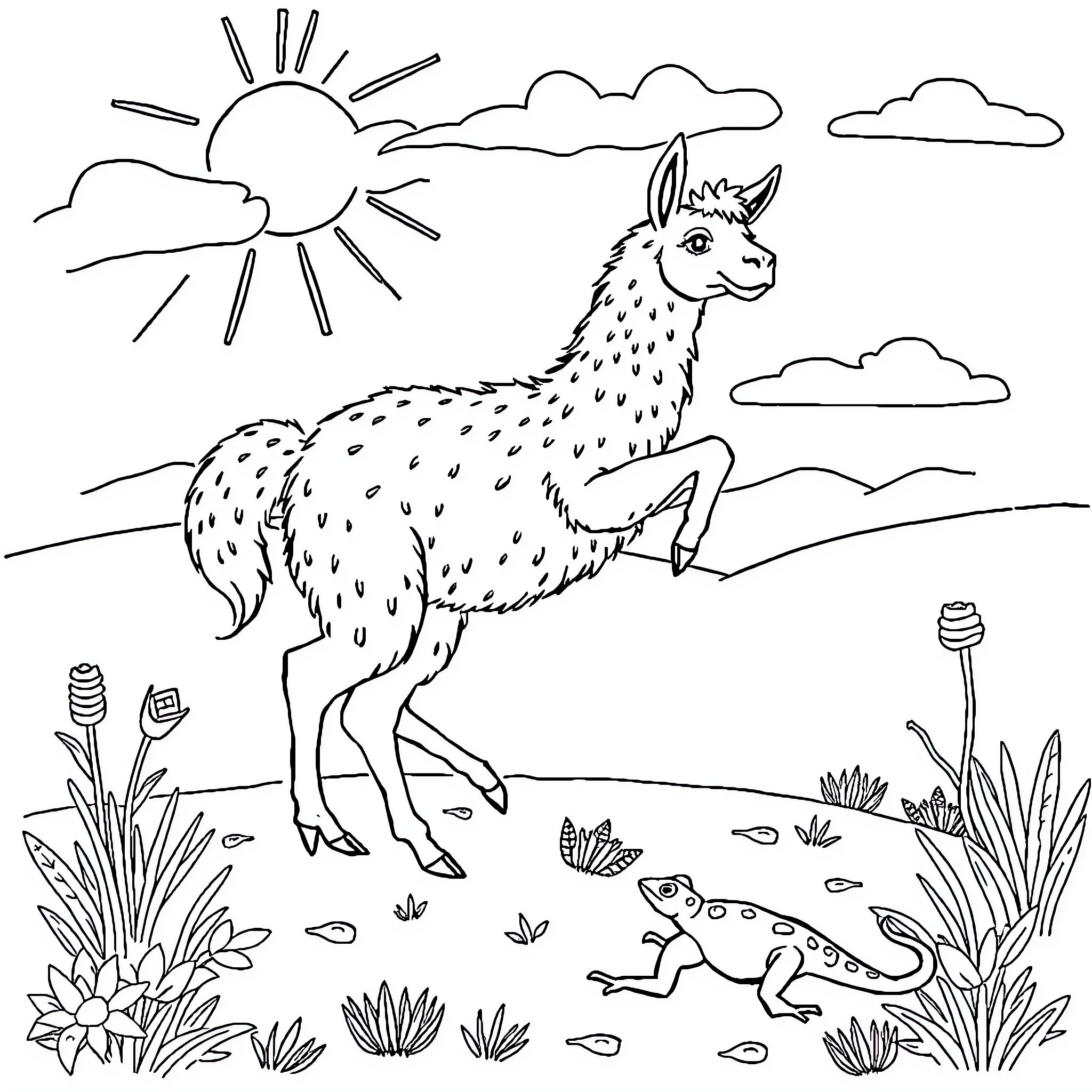 Llama grazing in the sunlit meadow Coloring Page (free black-and-white line drawing printable PDF for all, from beginners to advanced learners, including children, teens, adults, and seniors)