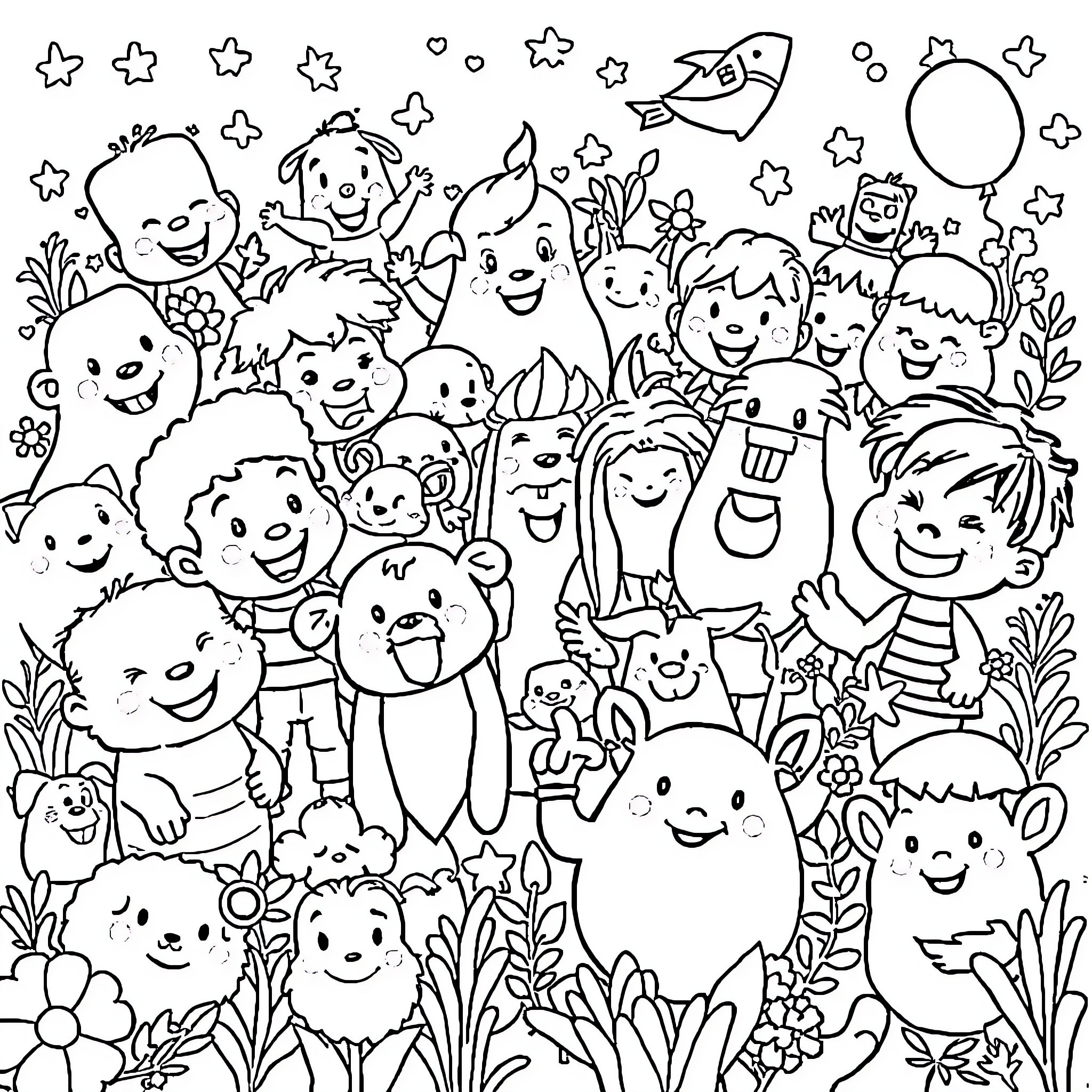 Drawing of Whimsical Characters in a Playful Scene Coloring Page (free black-and-white line drawing printable PDF for all, from beginners to advanced learners, including children, teens, adults, and seniors)