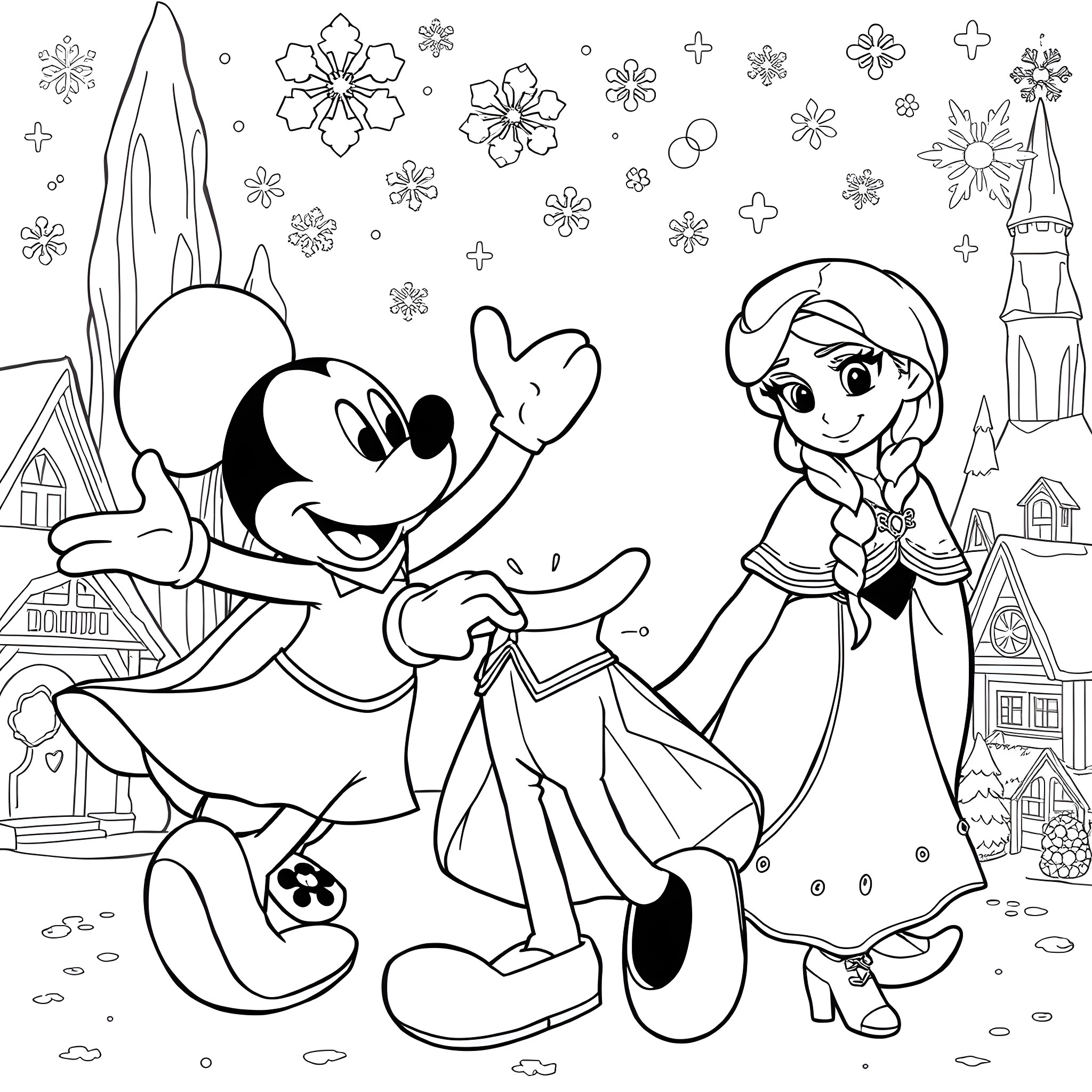Mickey Mouse and Princess Enjoying the Winter Wonderland Coloring Page (free black-and-white line drawing printable PDF for all, from beginners to advanced learners, including children, teens, adults, and seniors)