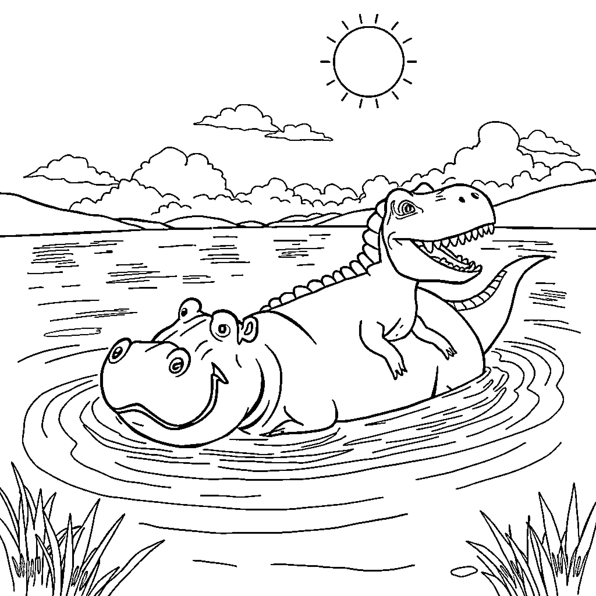 Hippos Frolicking in the River Coloring Page (free black-and-white line drawing printable PDF for all, from beginners to advanced learners, including children, teens, adults, and seniors)