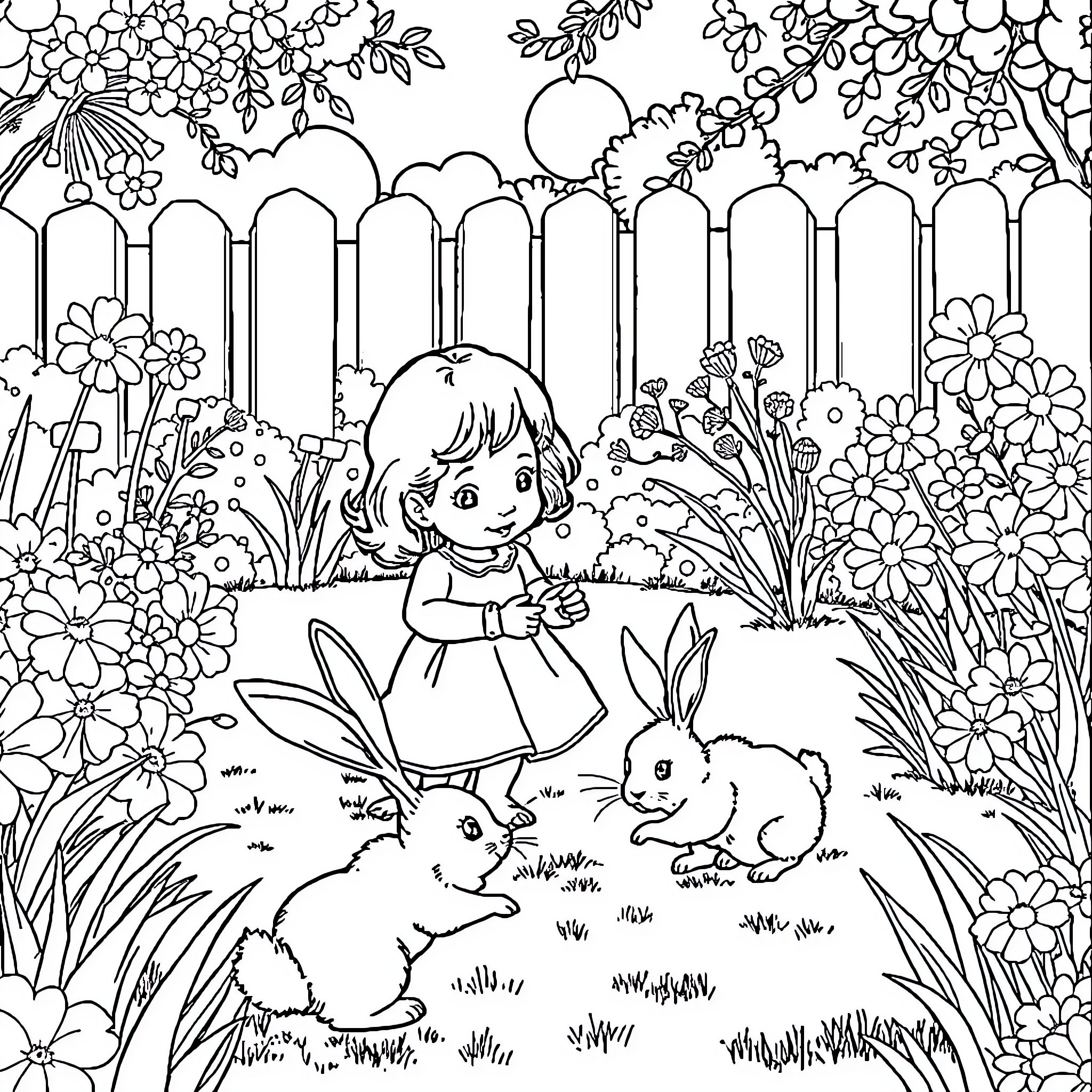 Girl exploring a whimsical garden with rabbits Coloring Page (free black-and-white line drawing printable PDF for all, from beginners to advanced learners, including children, teens, adults, and seniors)