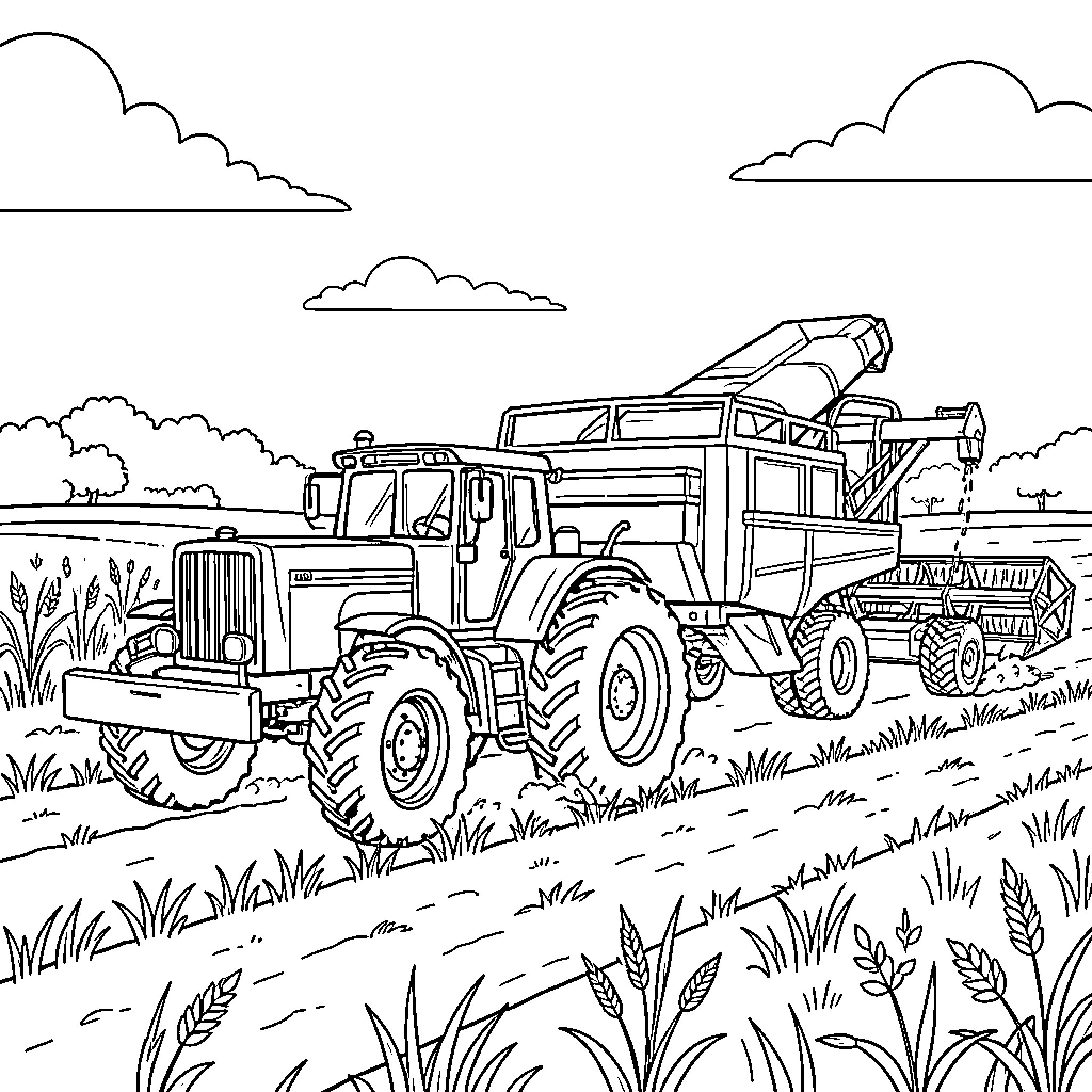 Convoy of heavy machinery working in a farm field Coloring Page (free black-and-white line drawing printable PDF for all, from beginners to advanced learners, including children, teens, adults, and seniors)