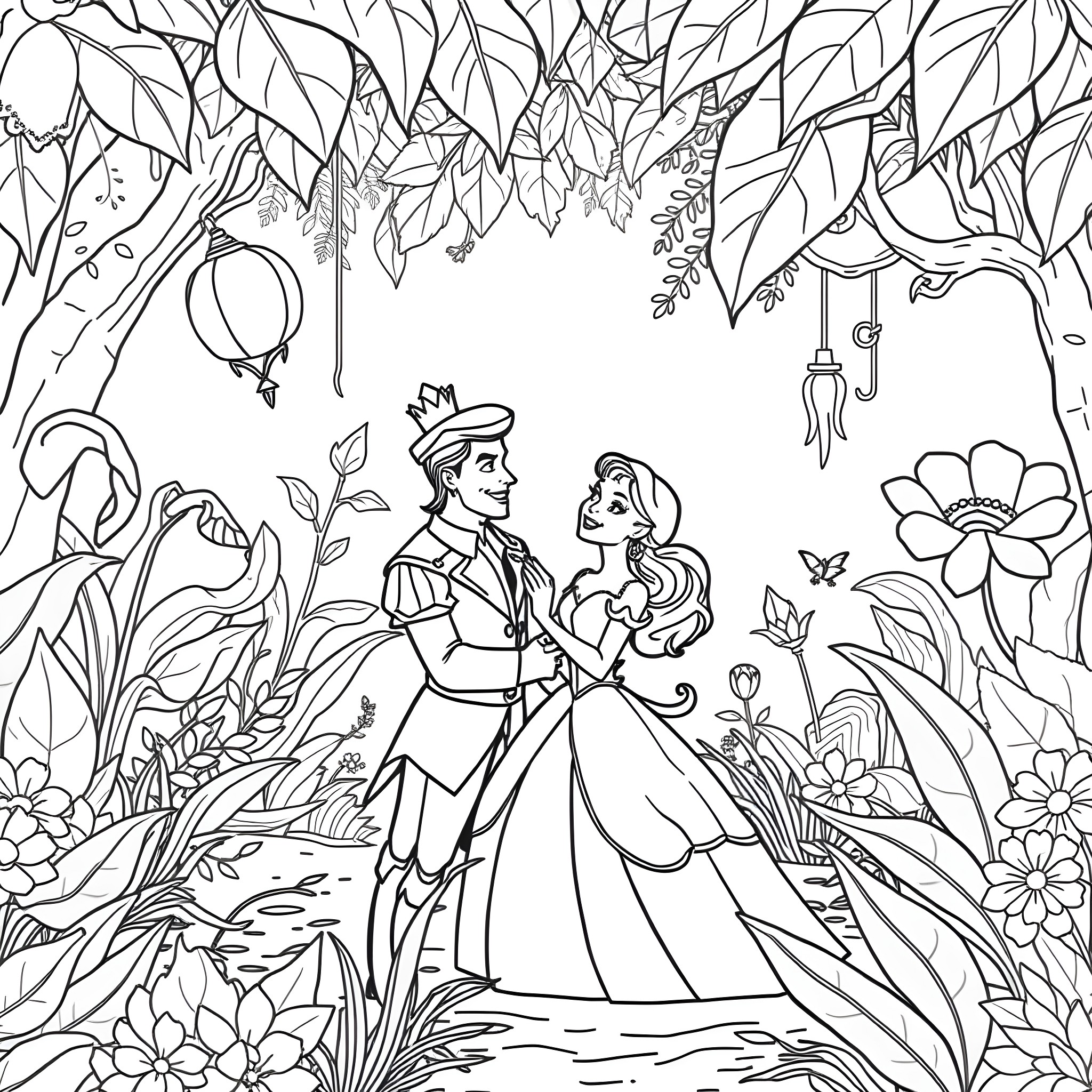 Tiana and Prince Charming strolling through the enchanted forest Coloring Page (free black-and-white line drawing printable PDF for all, from beginners to advanced learners, including children, teens, adults, and seniors)