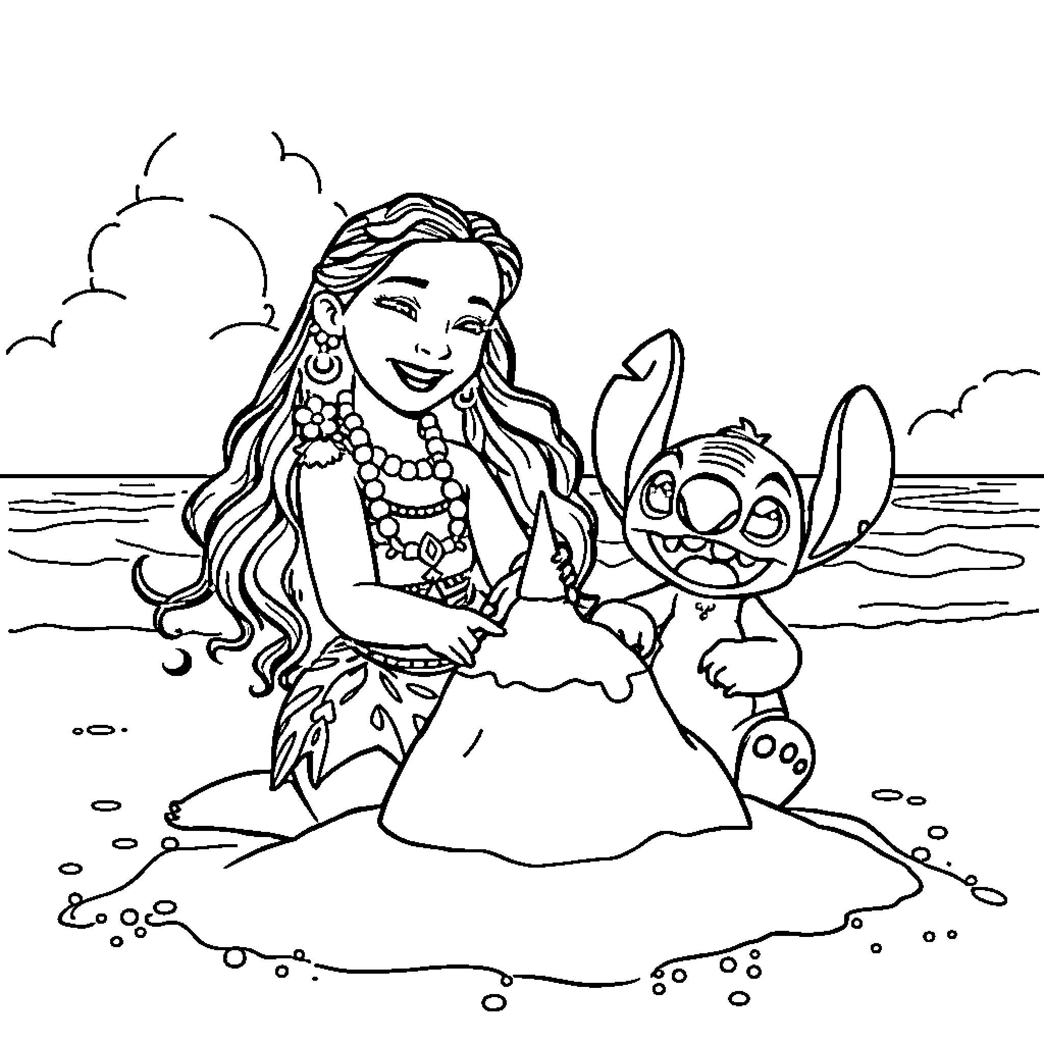Moana enjoying an adventure with Stitch on the beach Coloring Page (free black-and-white line drawing printable PDF for all, from beginners to advanced learners, including children, teens, adults, and seniors)