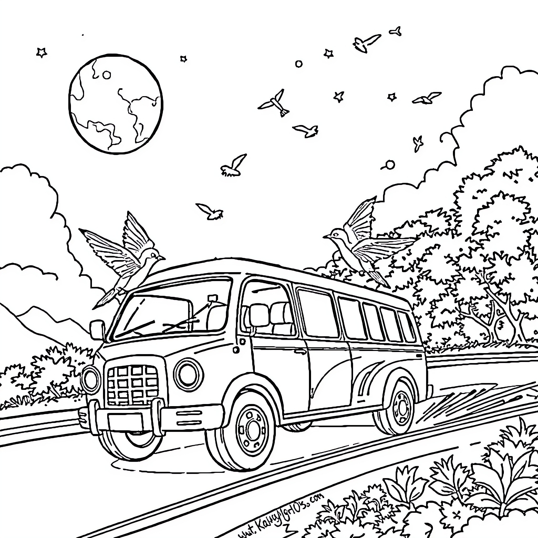 Mobil adventure through the tranquil countryside Coloring Page (free black-and-white line drawing printable PDF for all, from beginners to advanced learners, including children, teens, adults, and seniors)