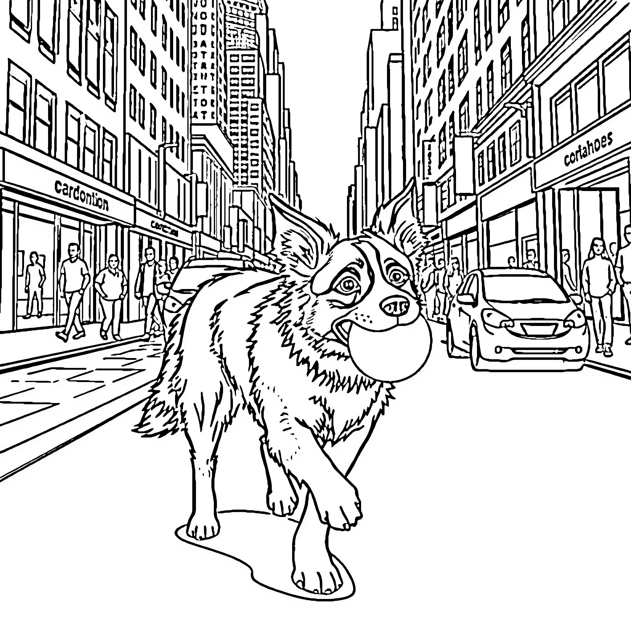 Border Collie Exploring the Bustling City Street Coloring Page (free black-and-white line drawing printable PDF for all, from beginners to advanced learners, including children, teens, adults, and seniors)