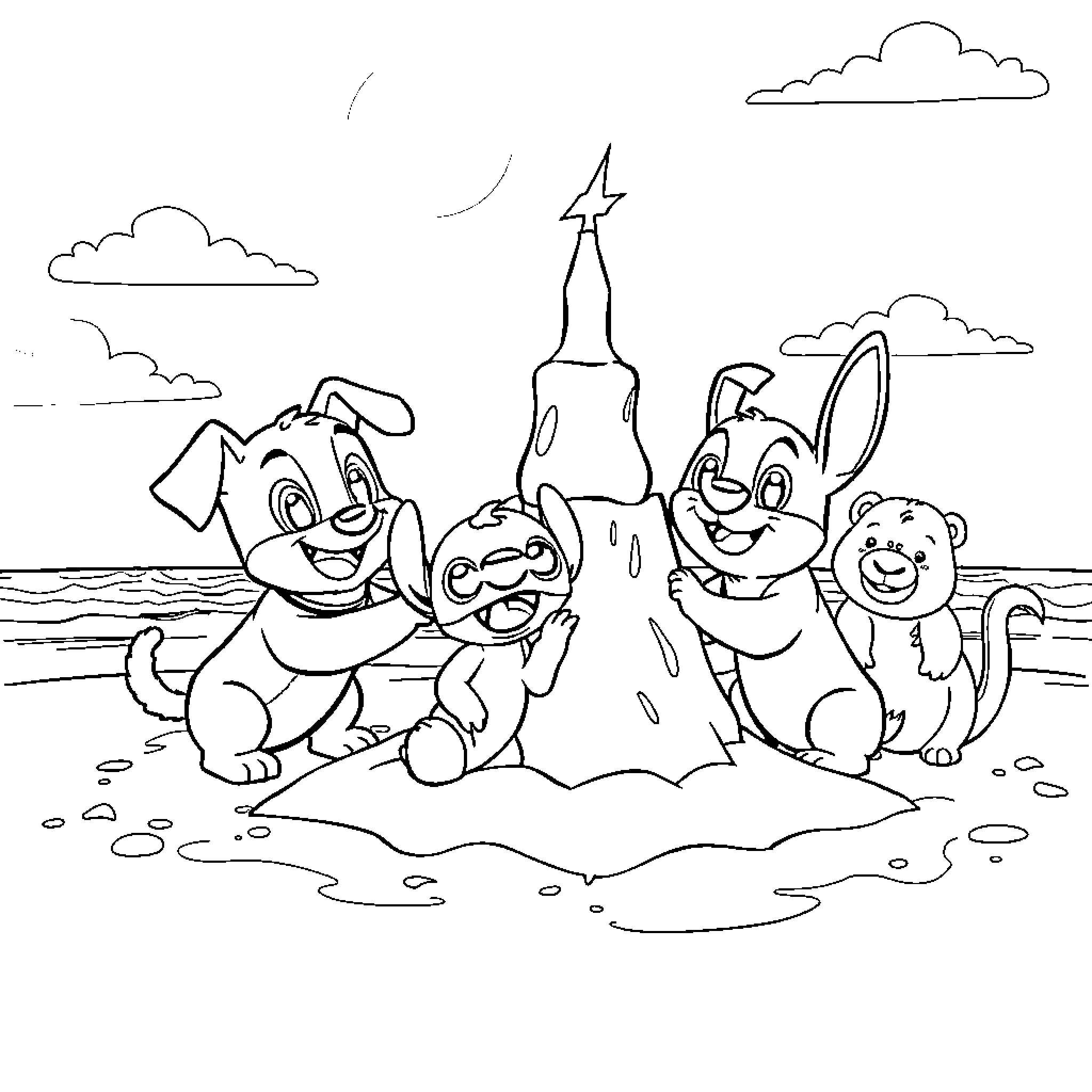 Capybara and friends playing at the beach Coloring Page (free black-and-white line drawing printable PDF for all, from beginners to advanced learners, including children, teens, adults, and seniors)