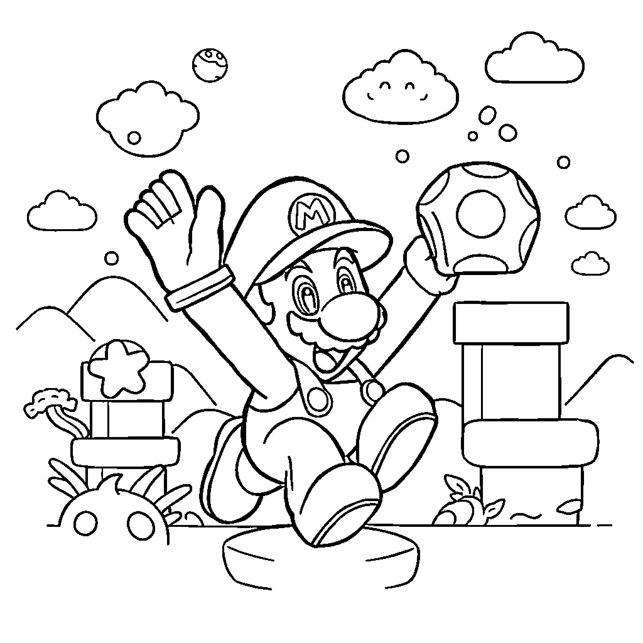 Mario's Playful Adventures Coloring Page (free black-and-white line drawing printable PDF for all, from beginners to advanced learners, including children, teens, adults, and seniors)