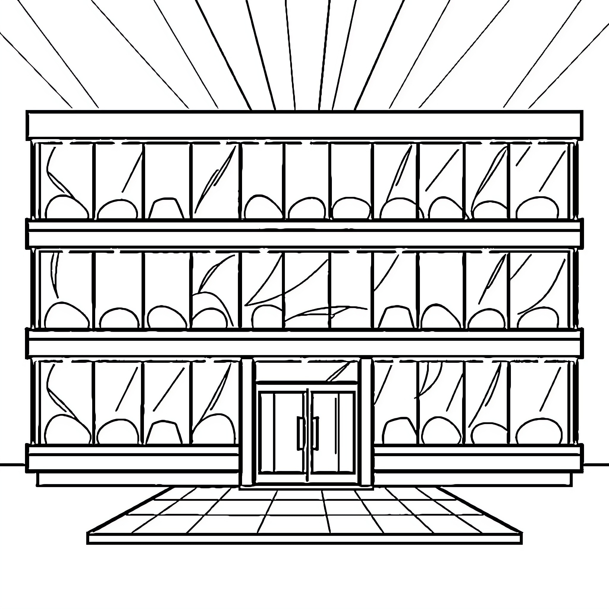 Computer Building with Unique Architectural Design Coloring Page (free black-and-white line drawing printable PDF for all, from beginners to advanced learners, including children, teens, adults, and seniors)