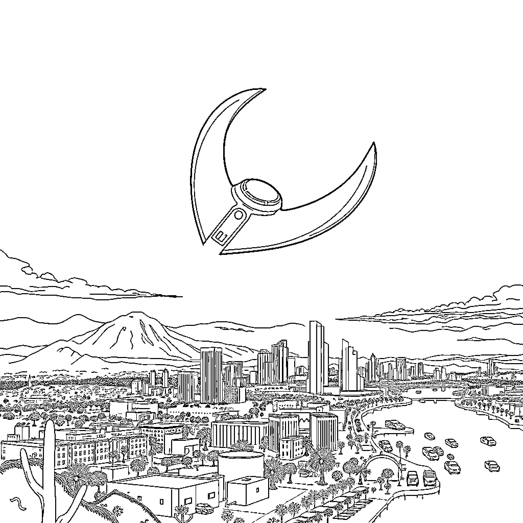 UFO flying over a futuristic city skyline Coloring Page (free black-and-white line drawing printable PDF for all, from beginners to advanced learners, including children, teens, adults, and seniors)