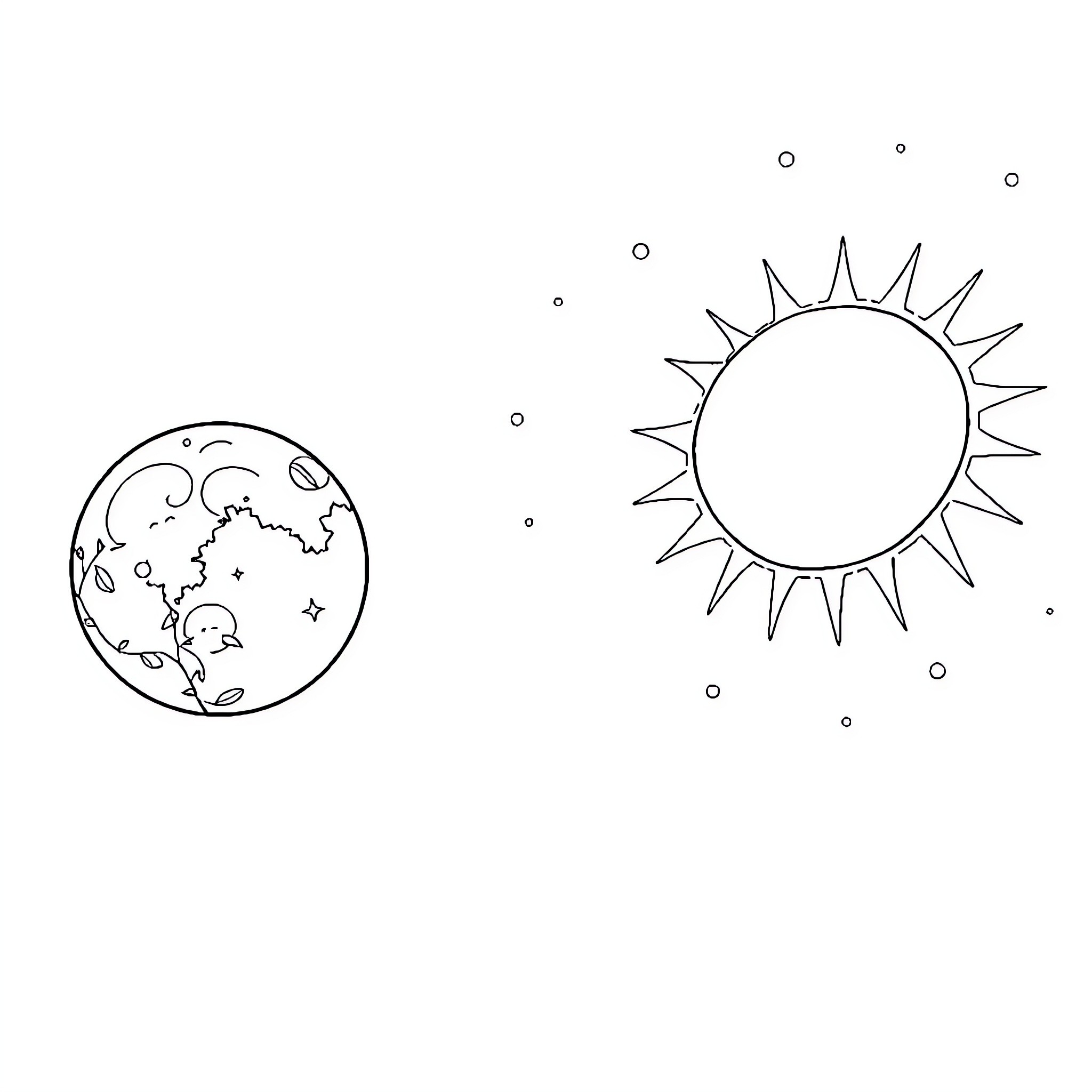 Moon and Sun orbiting in space Coloring Page (free black-and-white line drawing printable PDF for all, from beginners to advanced learners, including children, teens, adults, and seniors)