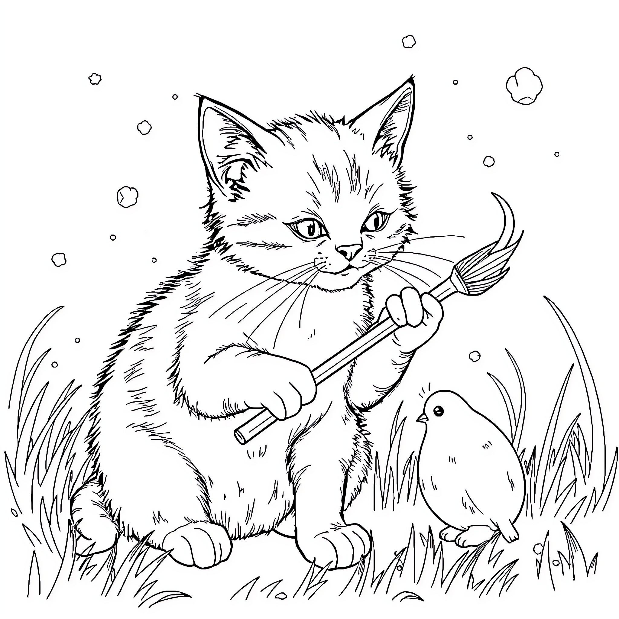 Cat playing with bird in grassy field Coloring Page (free black-and-white line drawing printable PDF for all, from beginners to advanced learners, including children, teens, adults, and seniors)