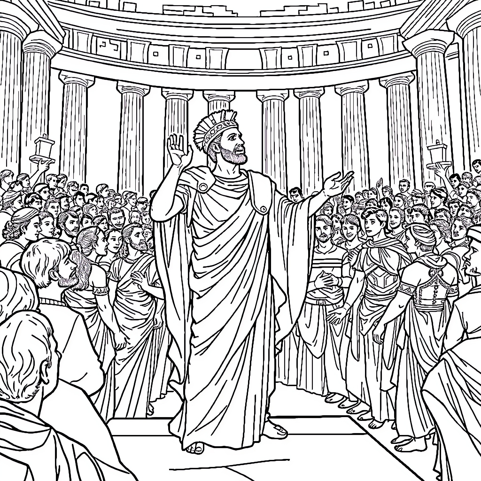 Mark Antony Addressing the Roman Assembly Coloring Page (free black-and-white line drawing printable PDF for all, from beginners to advanced learners, including children, teens, adults, and seniors)