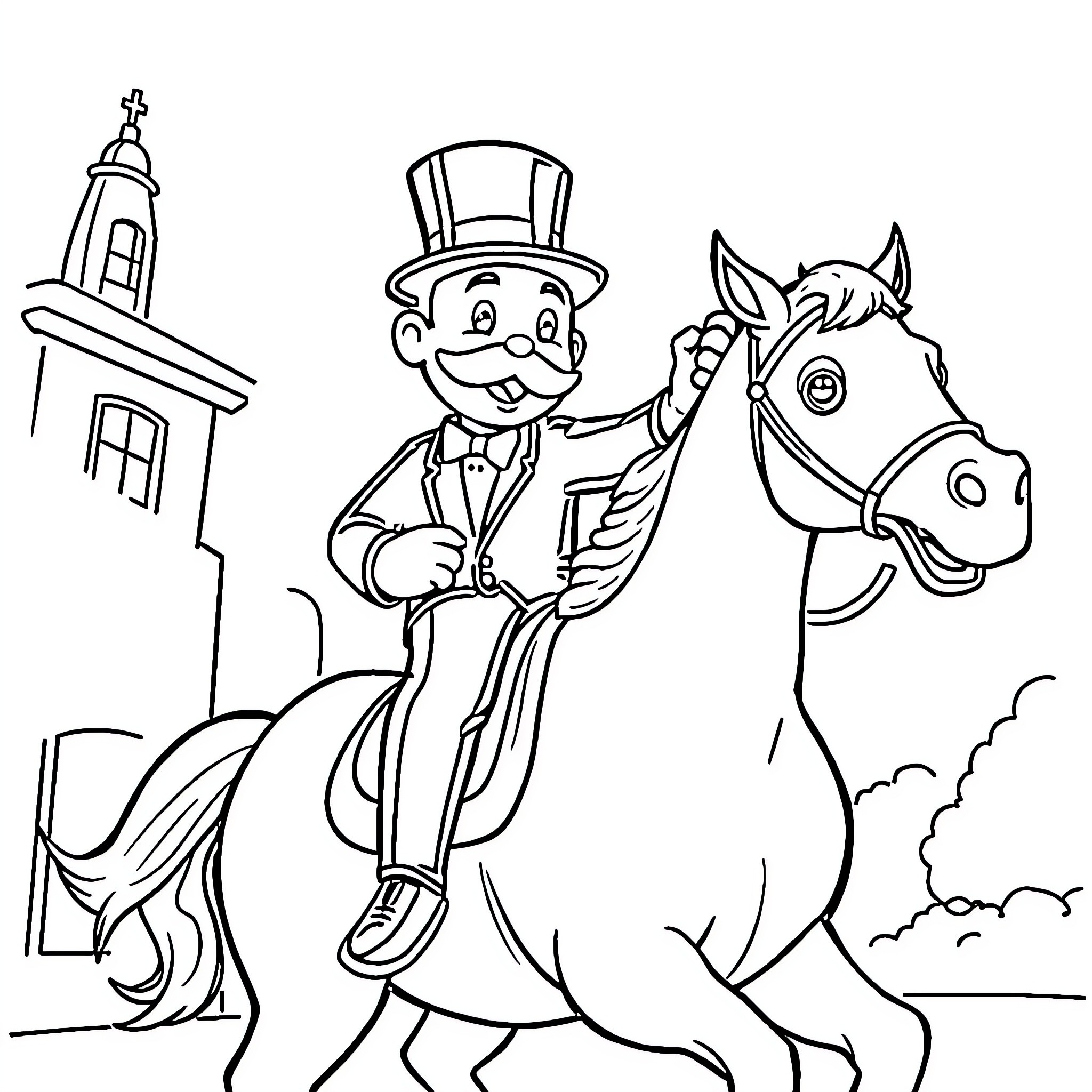 Monopoly Man riding a horse in front of a church Coloring Page (free black-and-white line drawing printable PDF for all, from beginners to advanced learners, including children, teens, adults, and seniors)