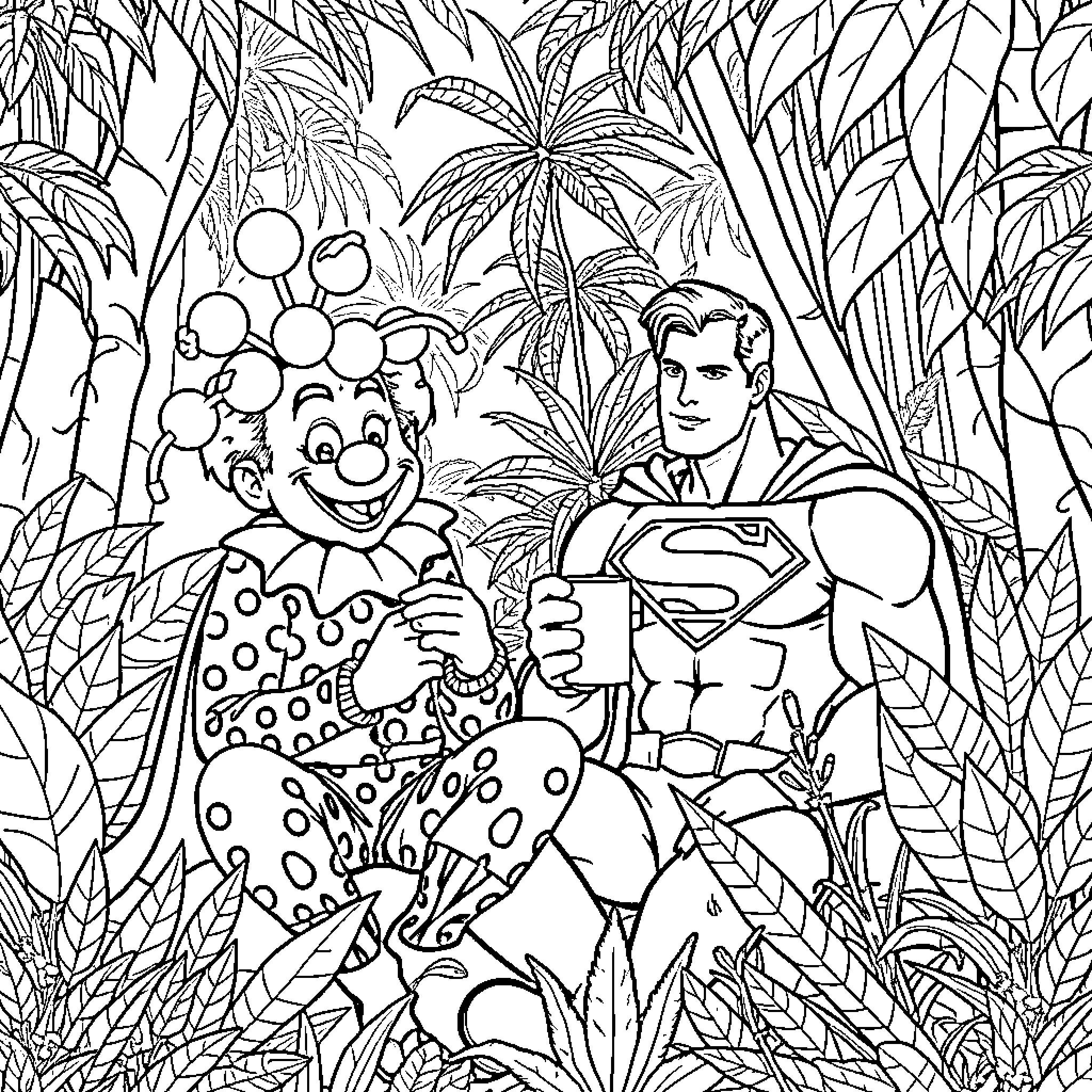 Clown and Superhero in Tropical Forest Coloring Page (free black-and-white line drawing printable PDF for all, from beginners to advanced learners, including children, teens, adults, and seniors)