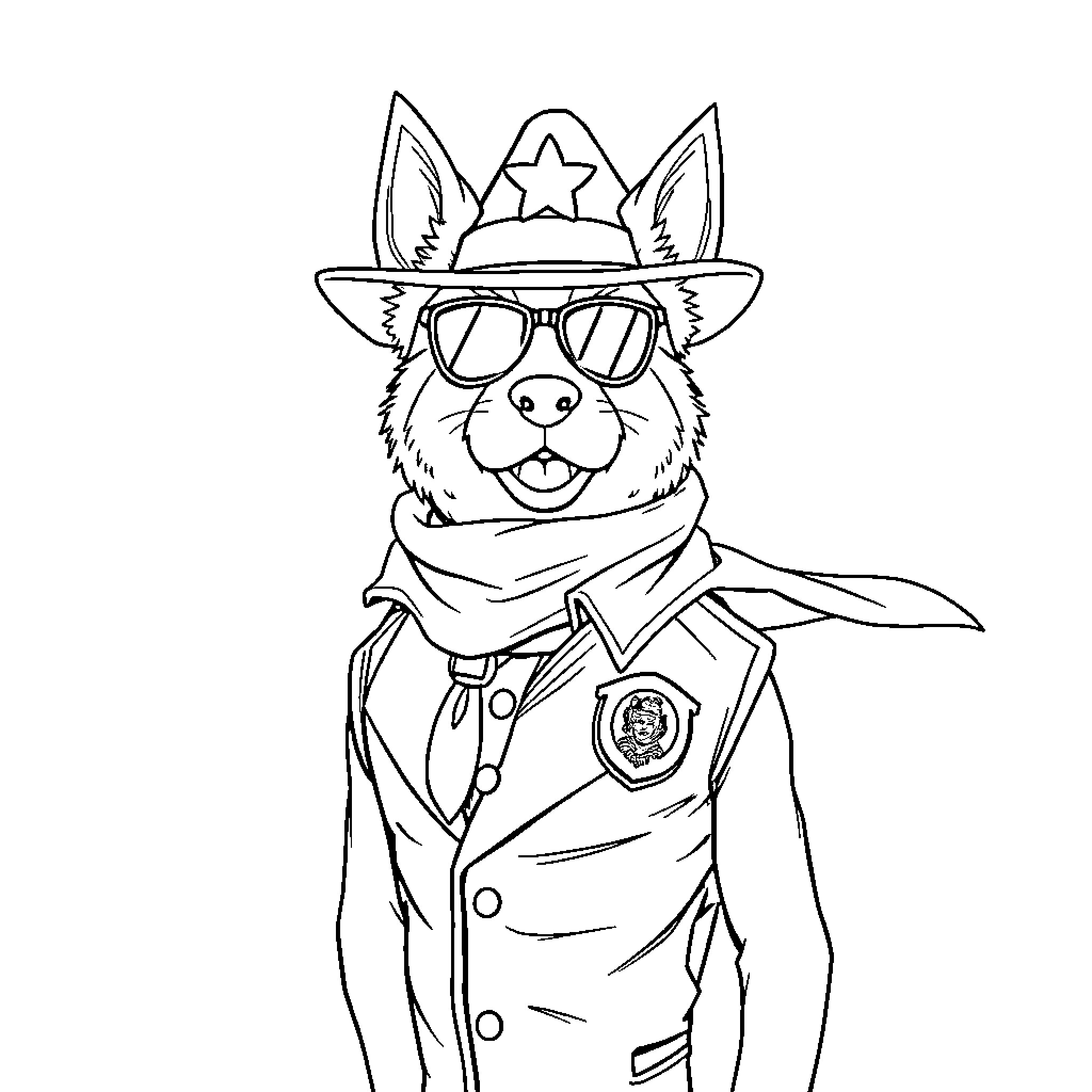 Sheriff Labrador wearing sunglasses and uniform Coloring Page (free black-and-white line drawing printable PDF for all, from beginners to advanced learners, including children, teens, adults, and seniors)