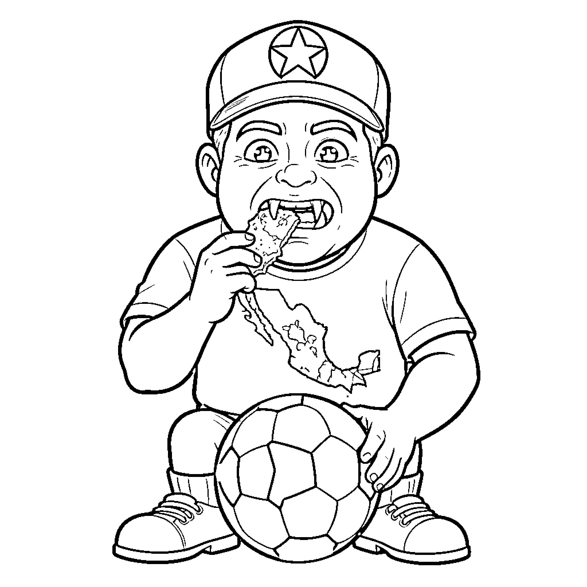 Tio Sam Eating Snack While Holding Soccer Ball Coloring Page (free black-and-white line drawing printable PDF for all, from beginners to advanced learners, including children, teens, adults, and seniors)
