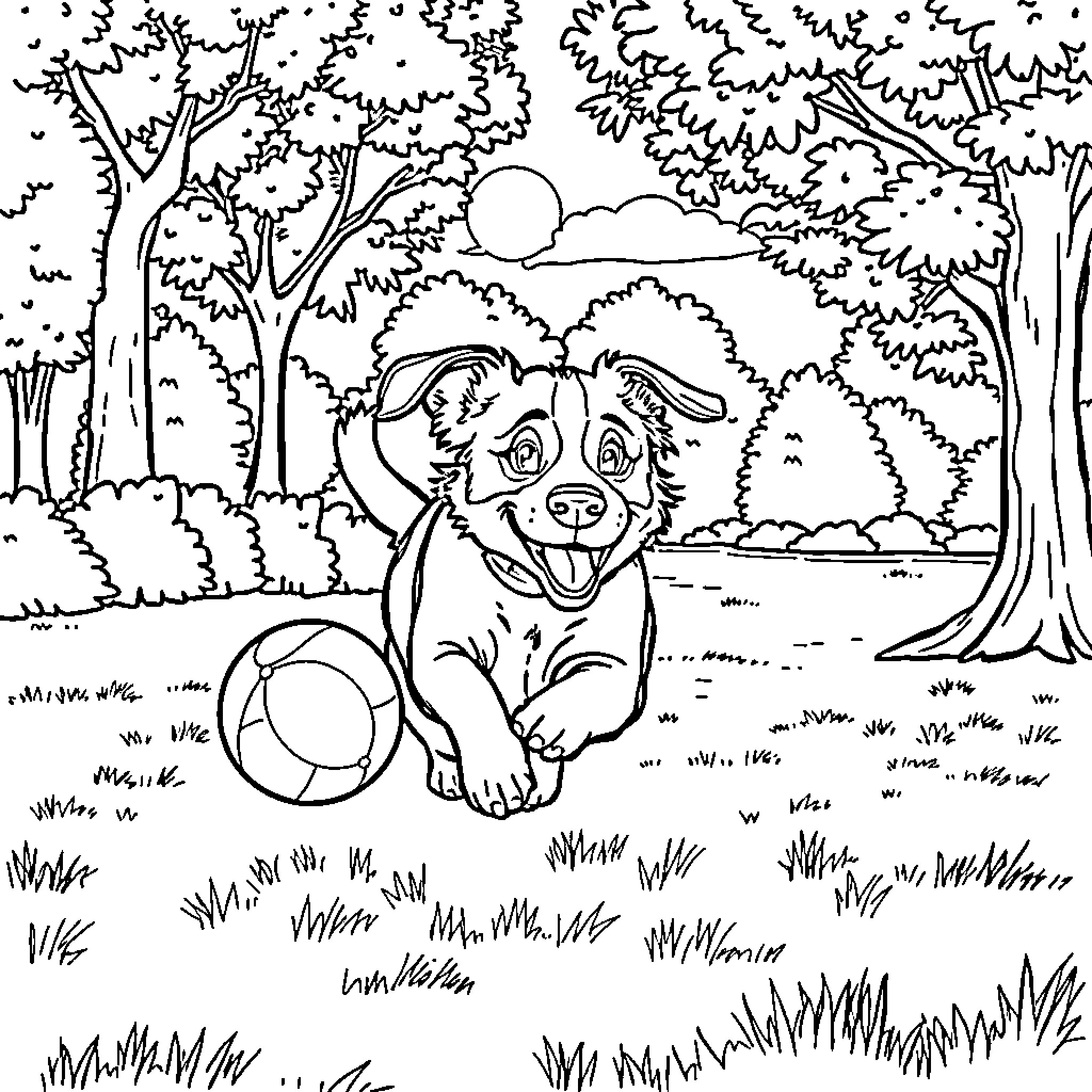 Dog playing happily in the park Coloring Page (free black-and-white line drawing printable PDF for all, from beginners to advanced learners, including children, teens, adults, and seniors)