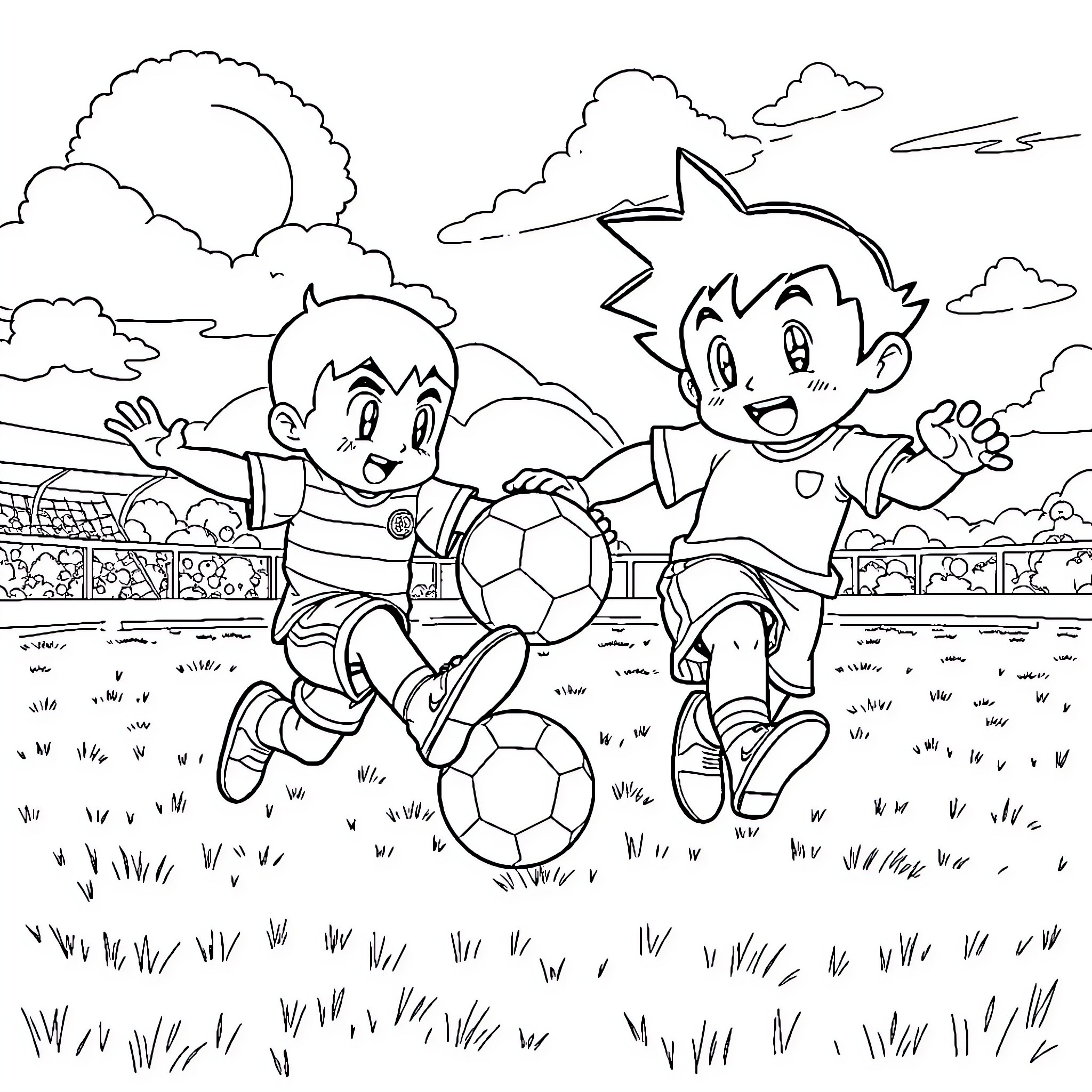 Sangoku: Playful Soccer Match Coloring Page (free black-and-white line drawing printable PDF for all, from beginners to advanced learners, including children, teens, adults, and seniors)
