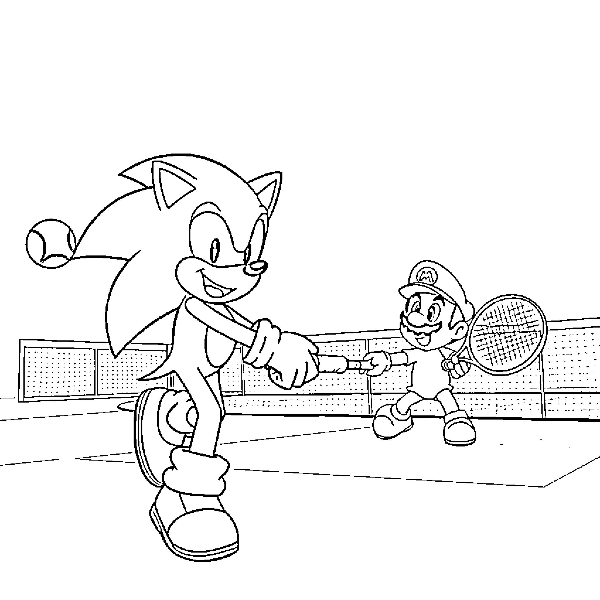 Sonic and Mario playing tennis on the court Coloring Page (free black-and-white line drawing printable PDF for all, from beginners to advanced learners, including children, teens, adults, and seniors)