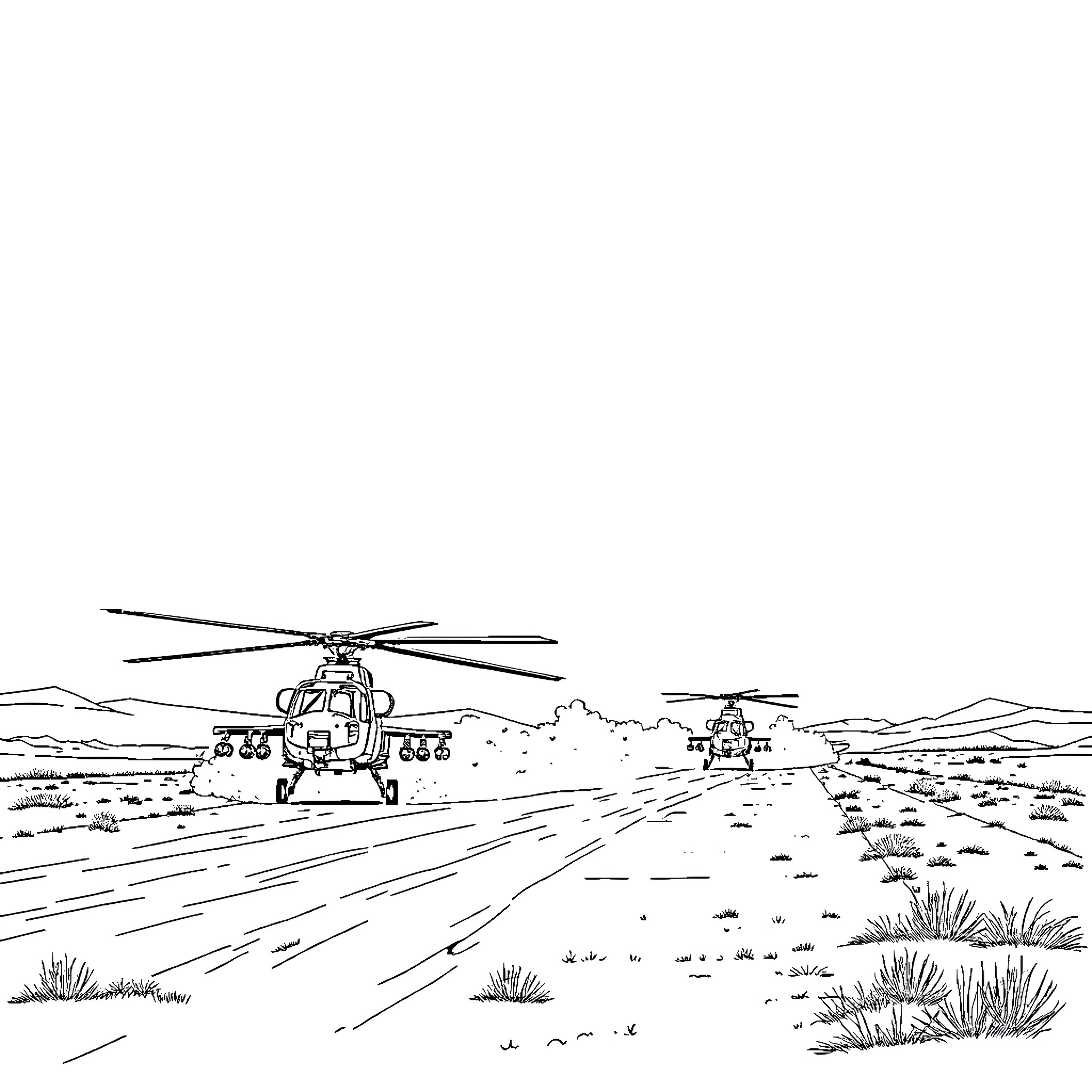 Helicopter squadron flying over desert landscape Coloring Page (free black-and-white line drawing printable PDF for all, from beginners to advanced learners, including children, teens, adults, and seniors)
