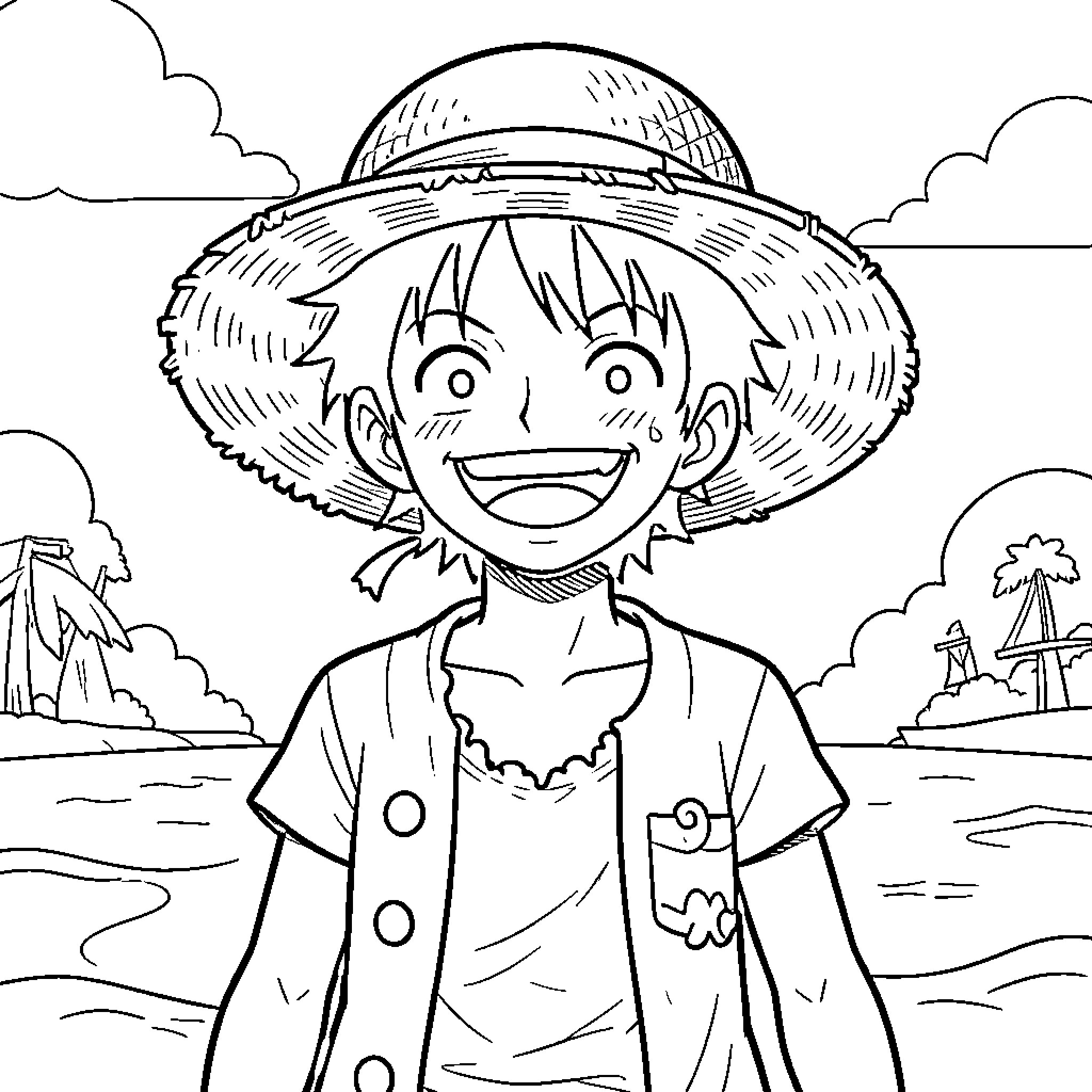 Luffy's Adventurous Straw Hat Moment Coloring Page (free black-and-white line drawing printable PDF for all, from beginners to advanced learners, including children, teens, adults, and seniors)