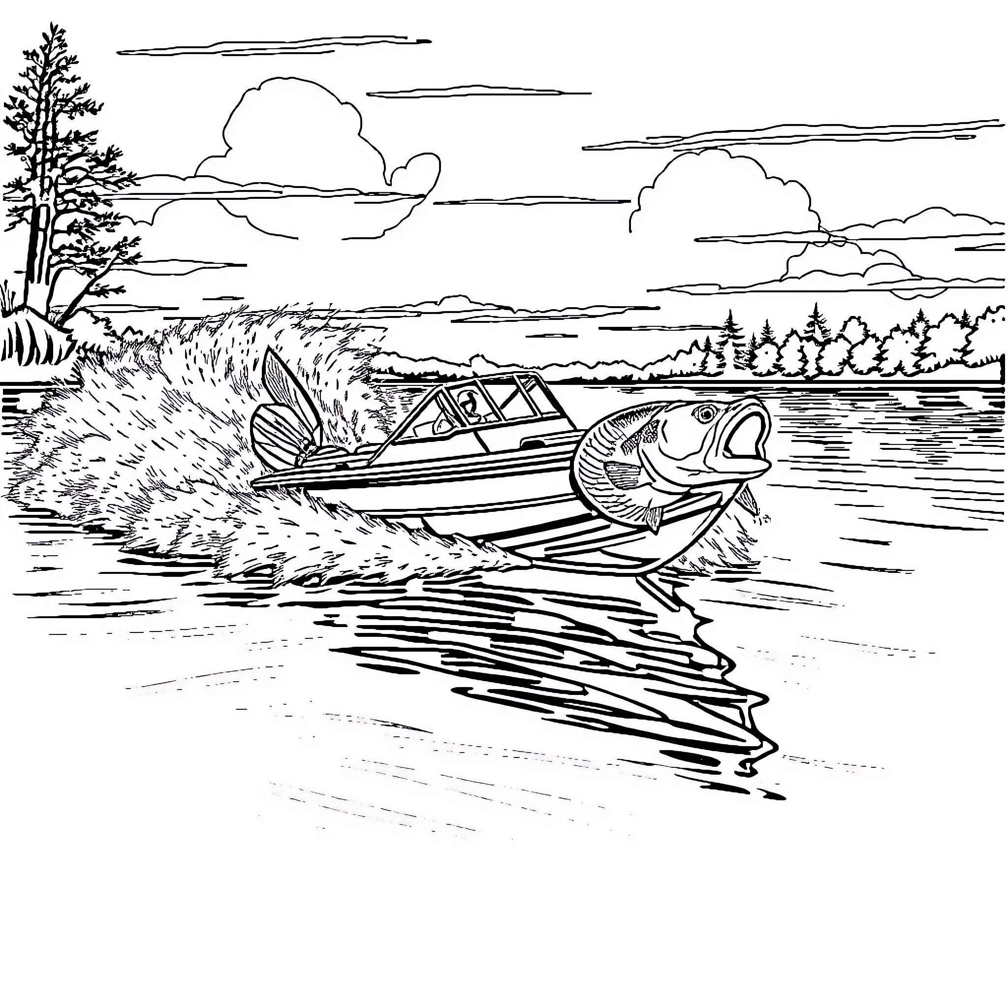 Bass Boat speeding across a scenic lake Coloring Page (free black-and-white line drawing printable PDF for all, from beginners to advanced learners, including children, teens, adults, and seniors)