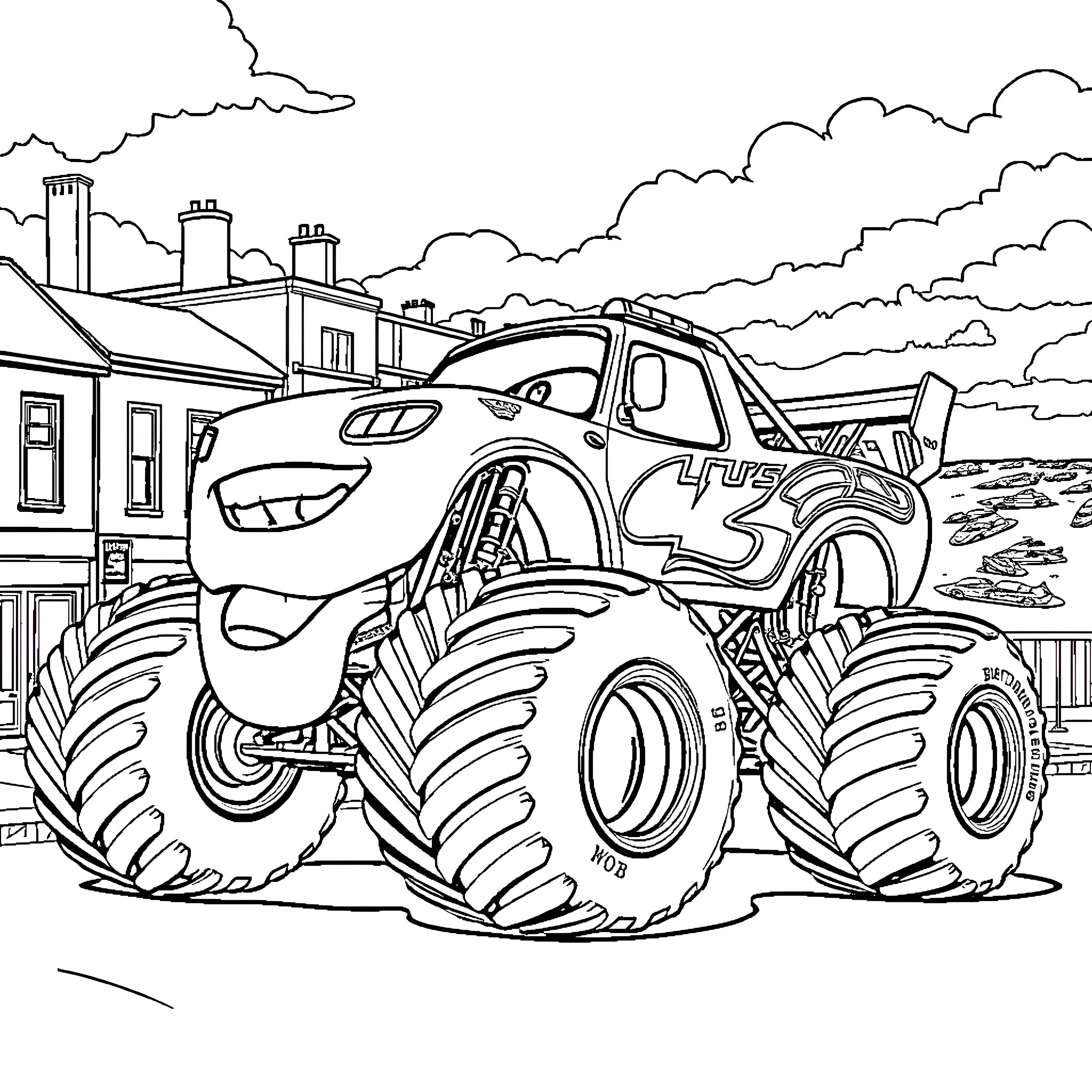 Monster Truck performing stunts in the neighborhood Coloring Page (free black-and-white line drawing printable PDF for all, from beginners to advanced learners, including children, teens, adults, and seniors)
