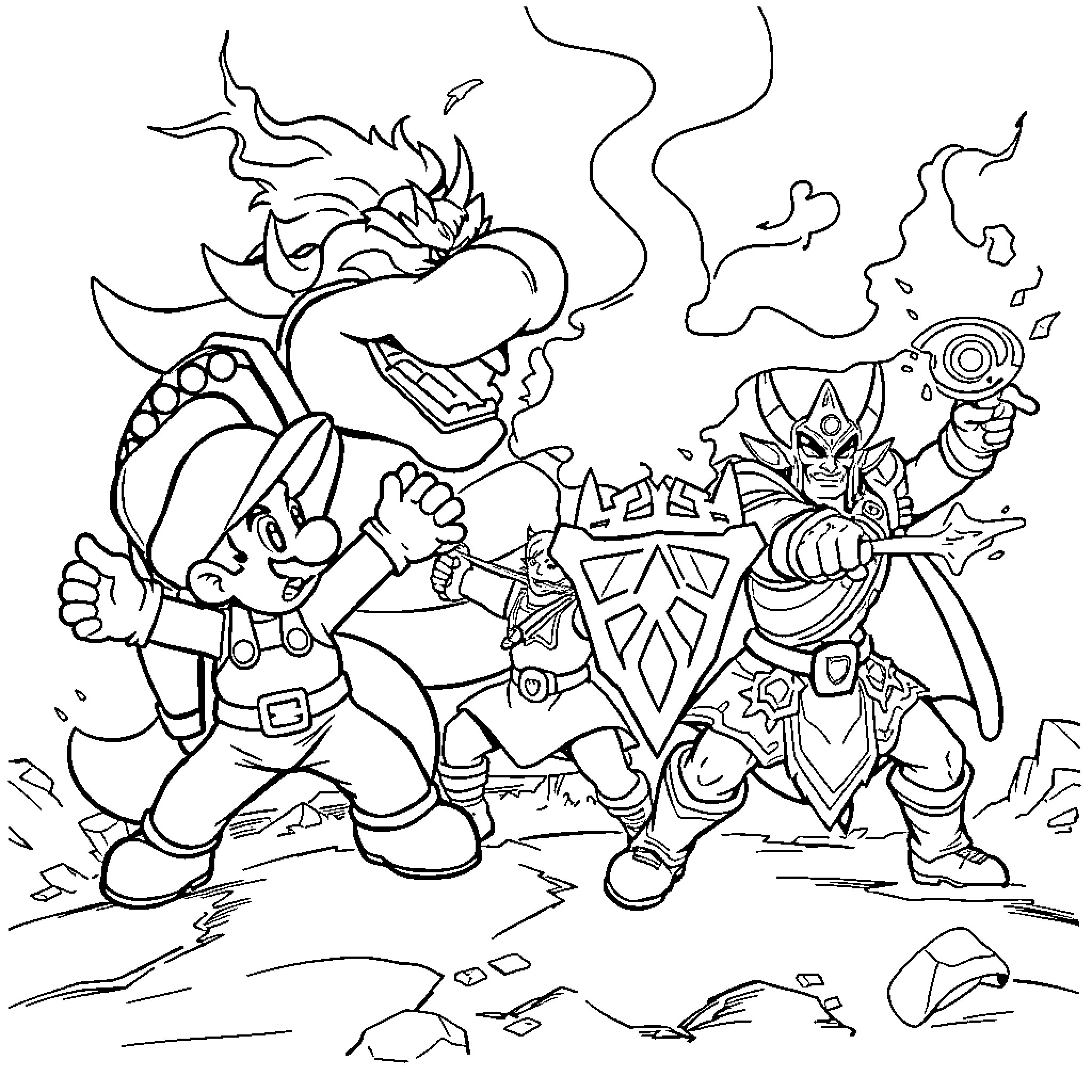 Mario's Monstrous Adventure Coloring Page (free black-and-white line drawing printable PDF for all, from beginners to advanced learners, including children, teens, adults, and seniors)