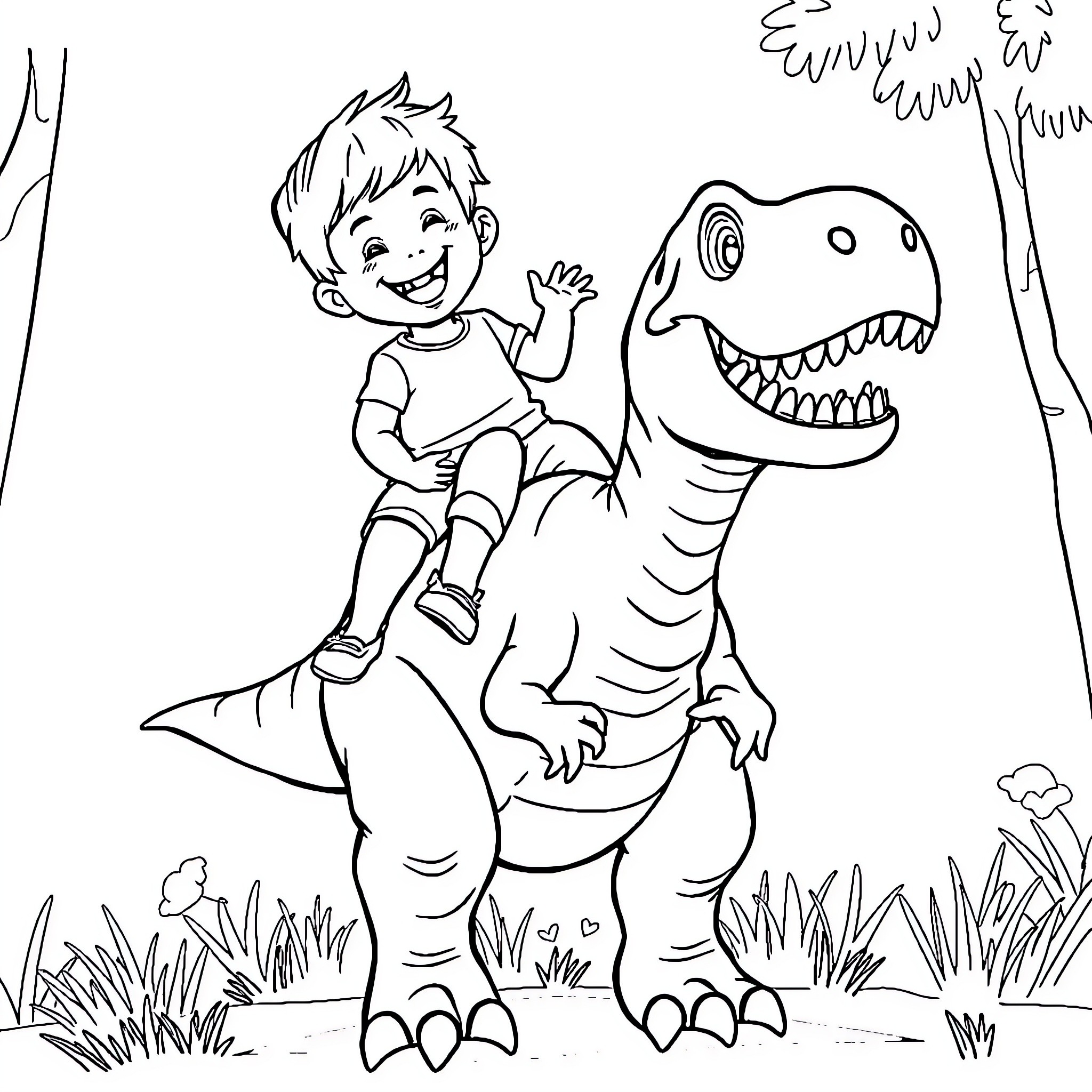 T-Rex and child playing in the park Coloring Page (free black-and-white line drawing printable PDF for all, from beginners to advanced learners, including children, teens, adults, and seniors)