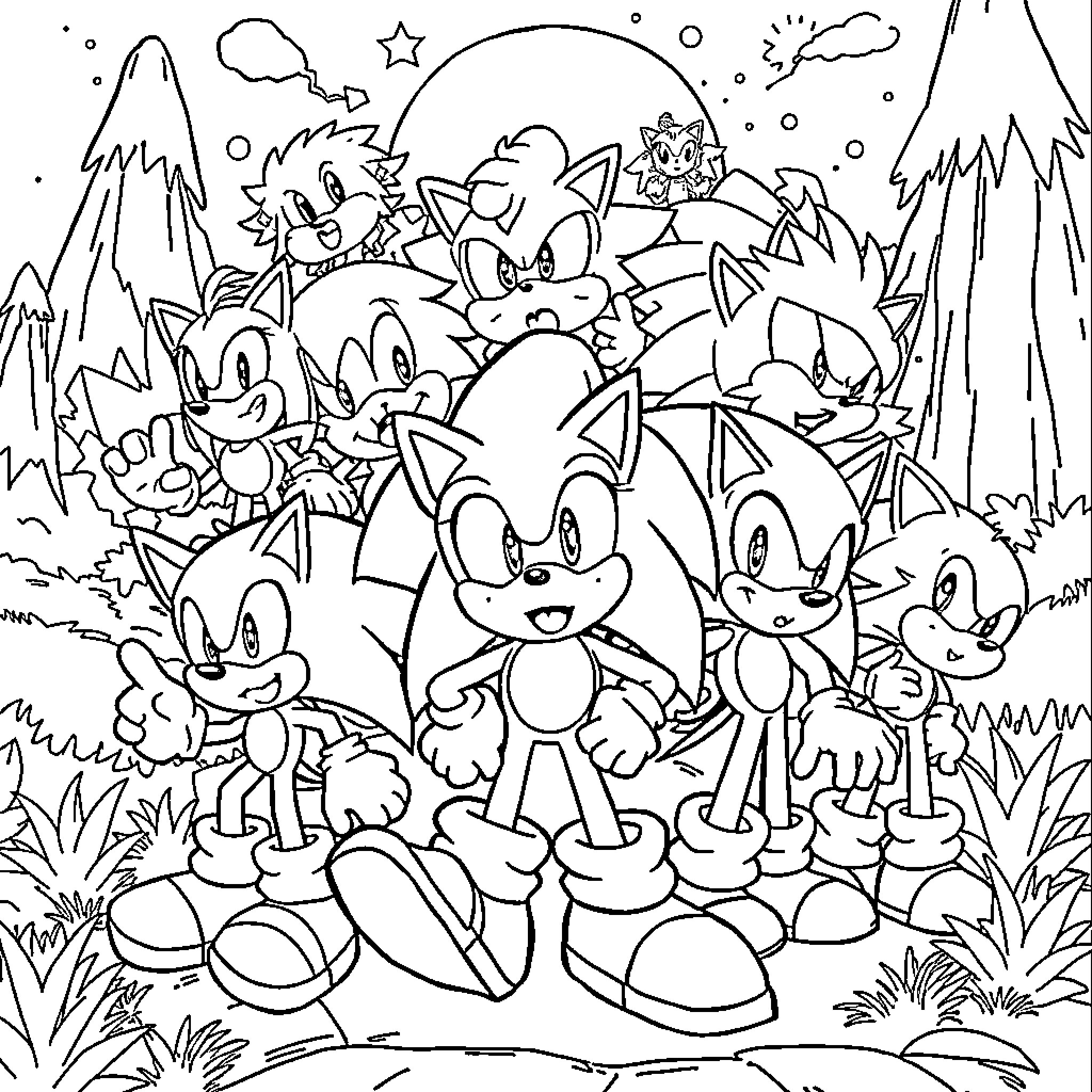 Sonic and Friends in Vibrant Adventure Coloring Page (free black-and-white line drawing printable PDF for all, from beginners to advanced learners, including children, teens, adults, and seniors)