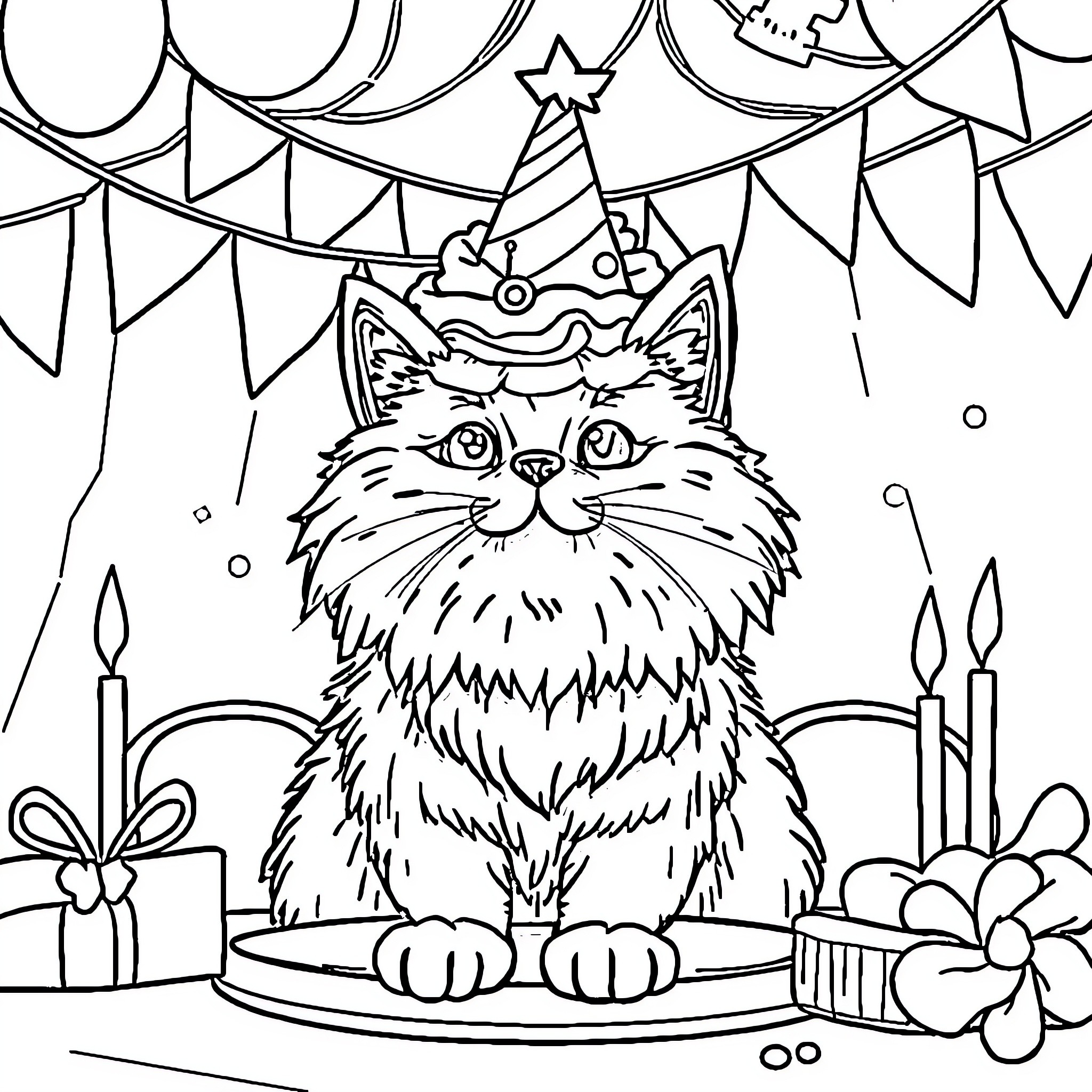 Cat celebrating a party with decorations Coloring Page (free black-and-white line drawing printable PDF for all, from beginners to advanced learners, including children, teens, adults, and seniors)
