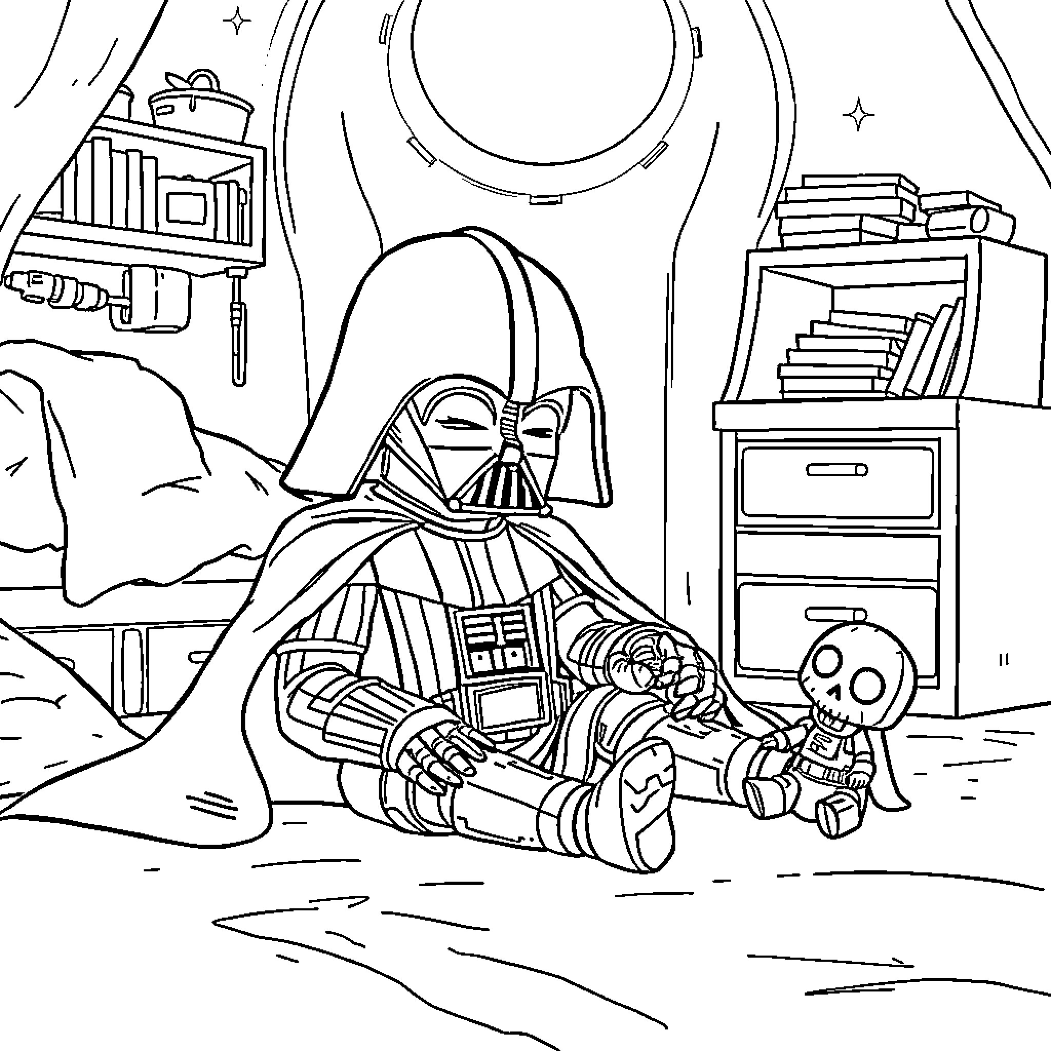 Darth Vader relaxing in his quarters Coloring Page (free black-and-white line drawing printable PDF for all, from beginners to advanced learners, including children, teens, adults, and seniors)