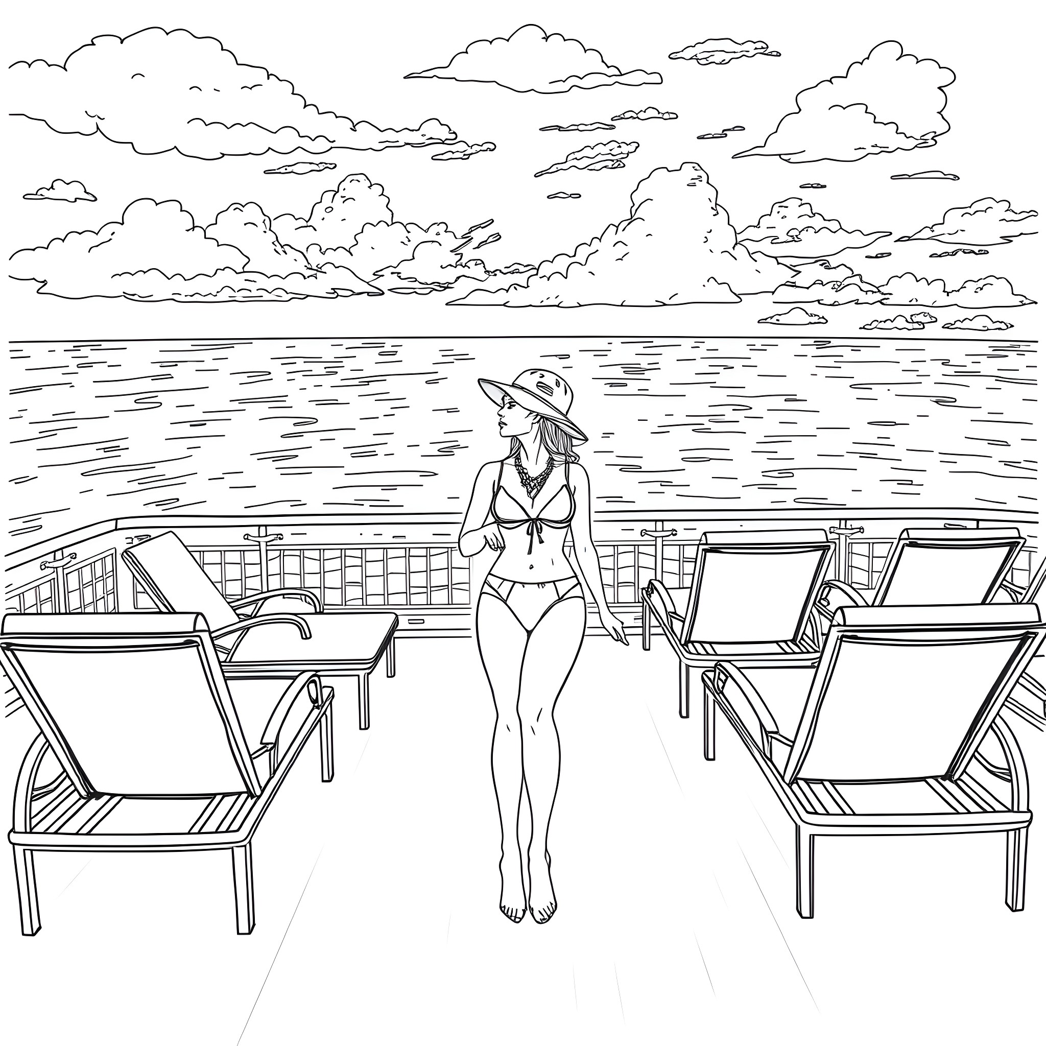 Woman enjoying a day at the beach Coloring Page (free black-and-white line drawing printable PDF for all, from beginners to advanced learners, including children, teens, adults, and seniors)
