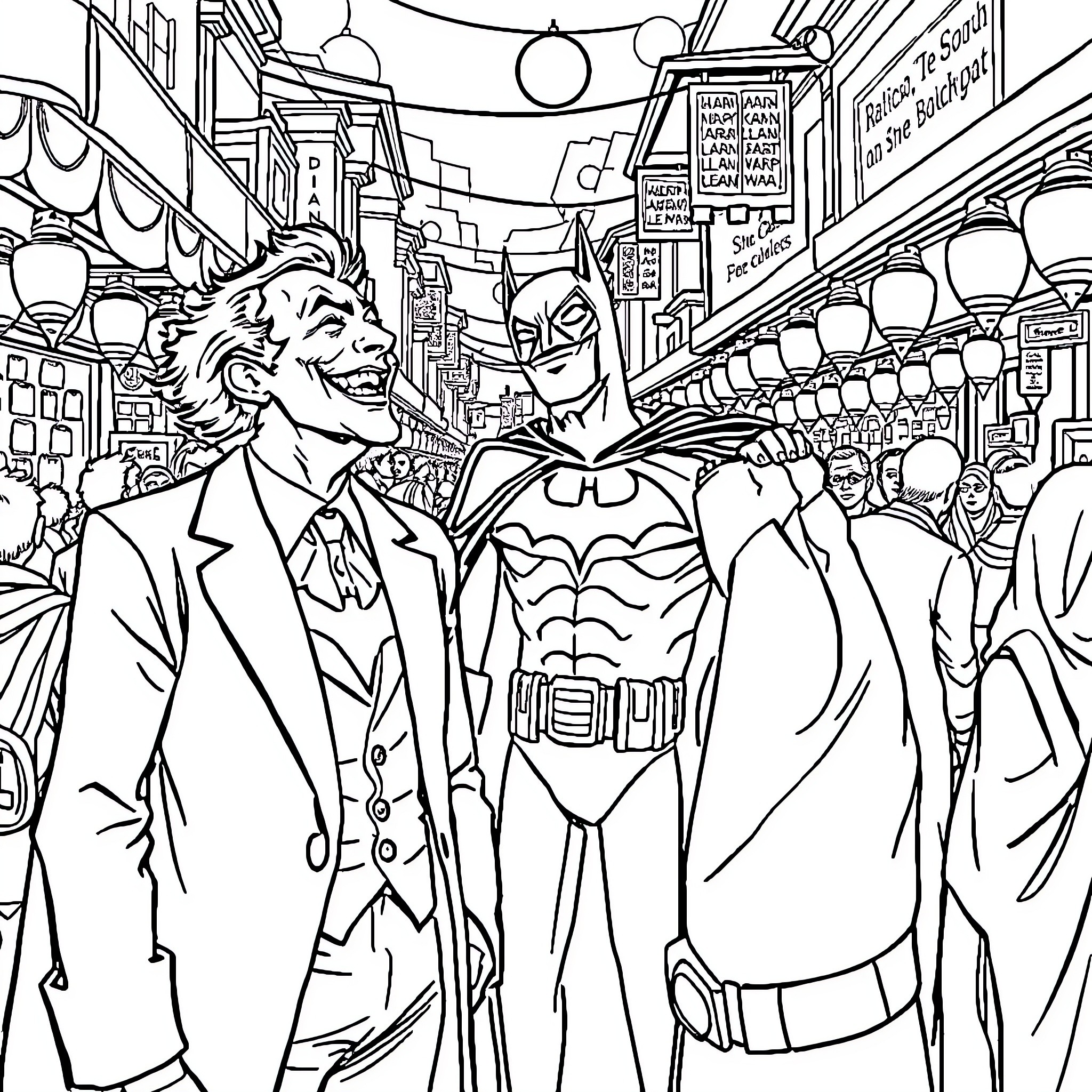 Joker and Batman in a crowded city street Coloring Page (free black-and-white line drawing printable PDF for all, from beginners to advanced learners, including children, teens, adults, and seniors)