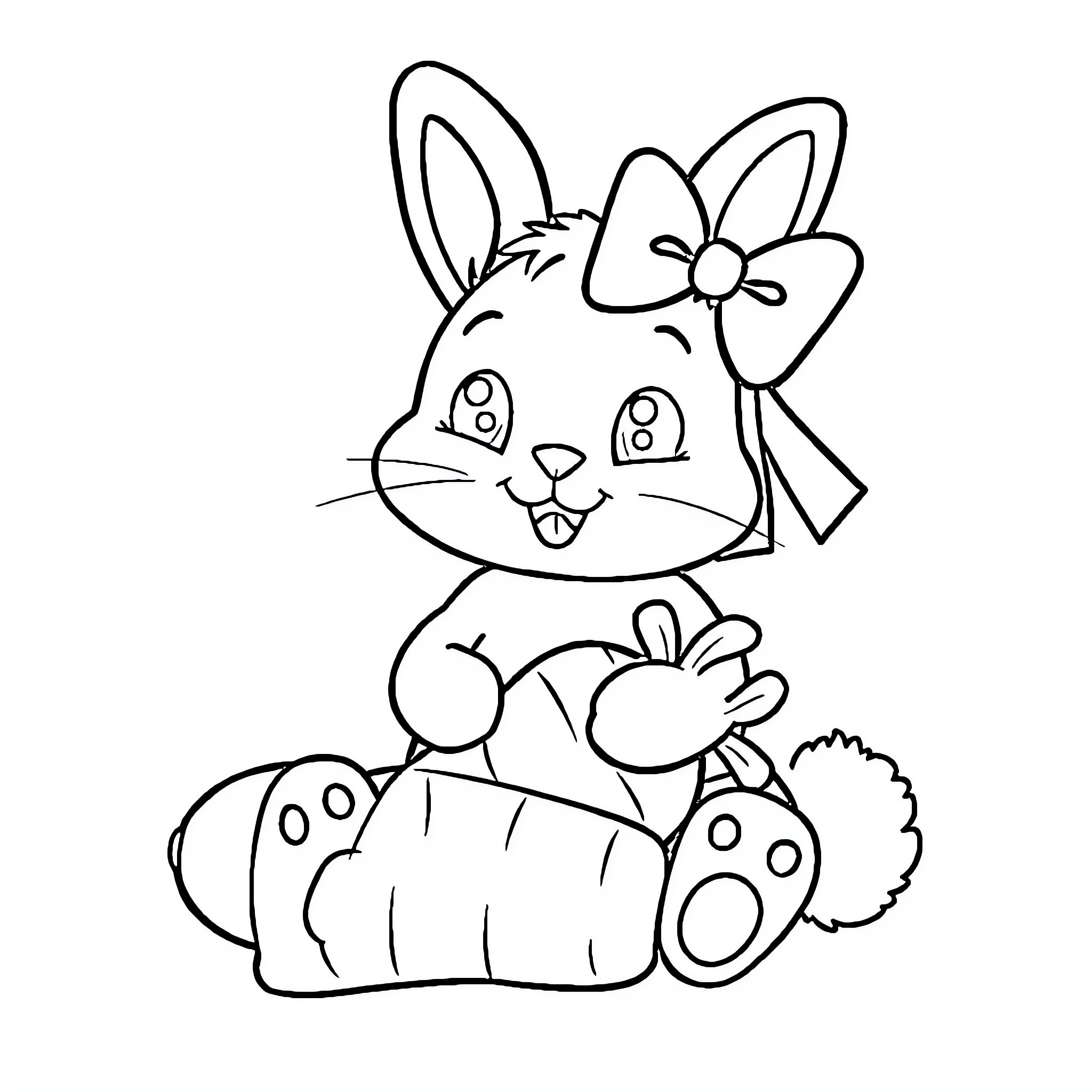 Bunny with Flower Enjoying Carrot Coloring Page (free black-and-white line drawing printable PDF for all, from beginners to advanced learners, including children, teens, adults, and seniors)