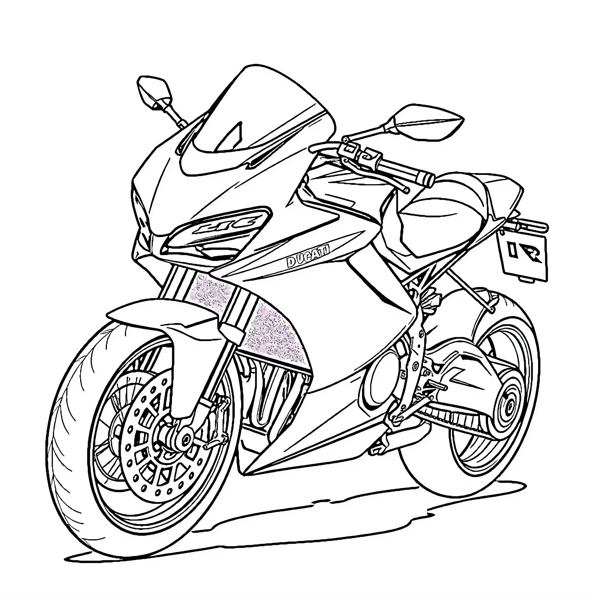 Ducati Motorcycle on the move Coloring Page (free black-and-white line drawing printable PDF for all, from beginners to advanced learners, including children, teens, adults, and seniors)