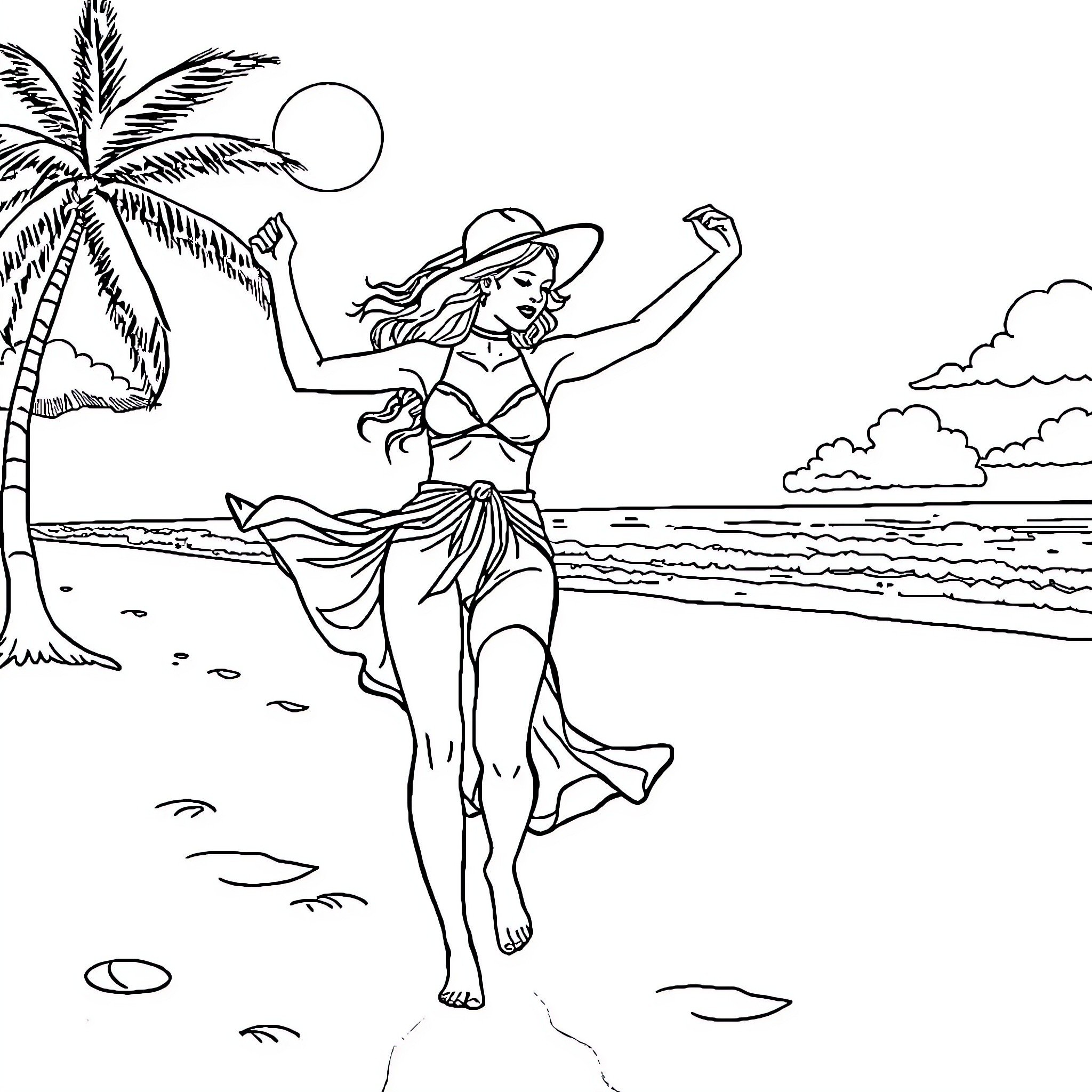 Woman joyfully dancing on the beach Coloring Page (free black-and-white line drawing printable PDF for all, from beginners to advanced learners, including children, teens, adults, and seniors)