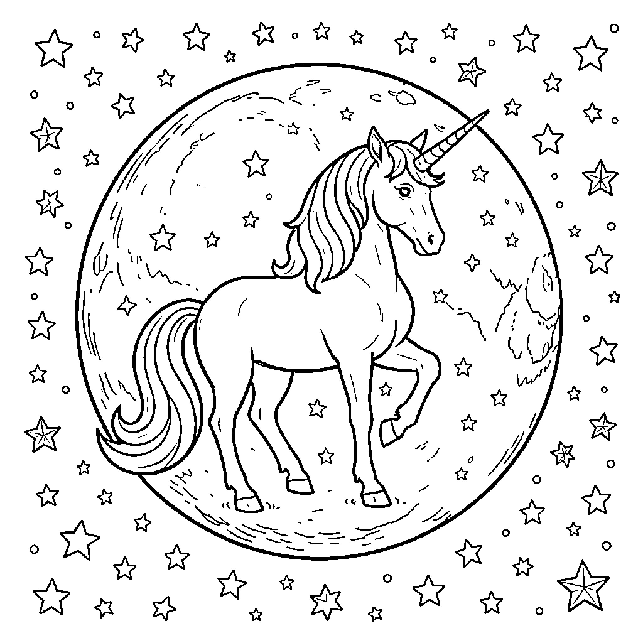 Unicorn among the stars in the starry night Coloring Page (free black-and-white line drawing printable PDF for all, from beginners to advanced learners, including children, teens, adults, and seniors)