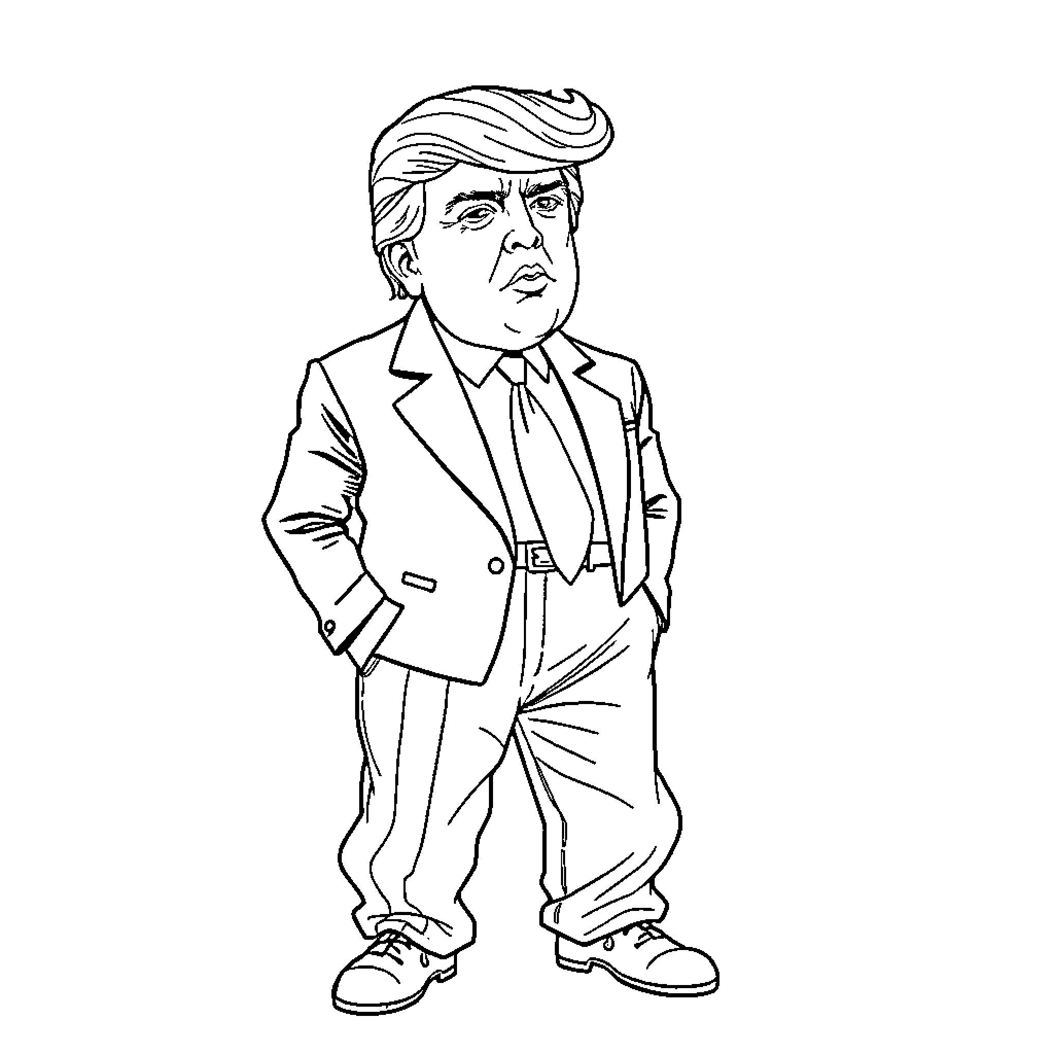 Donald Trump Depicted in Formal Attire Coloring Page (free black-and-white line drawing printable PDF for all, from beginners to advanced learners, including children, teens, adults, and seniors)