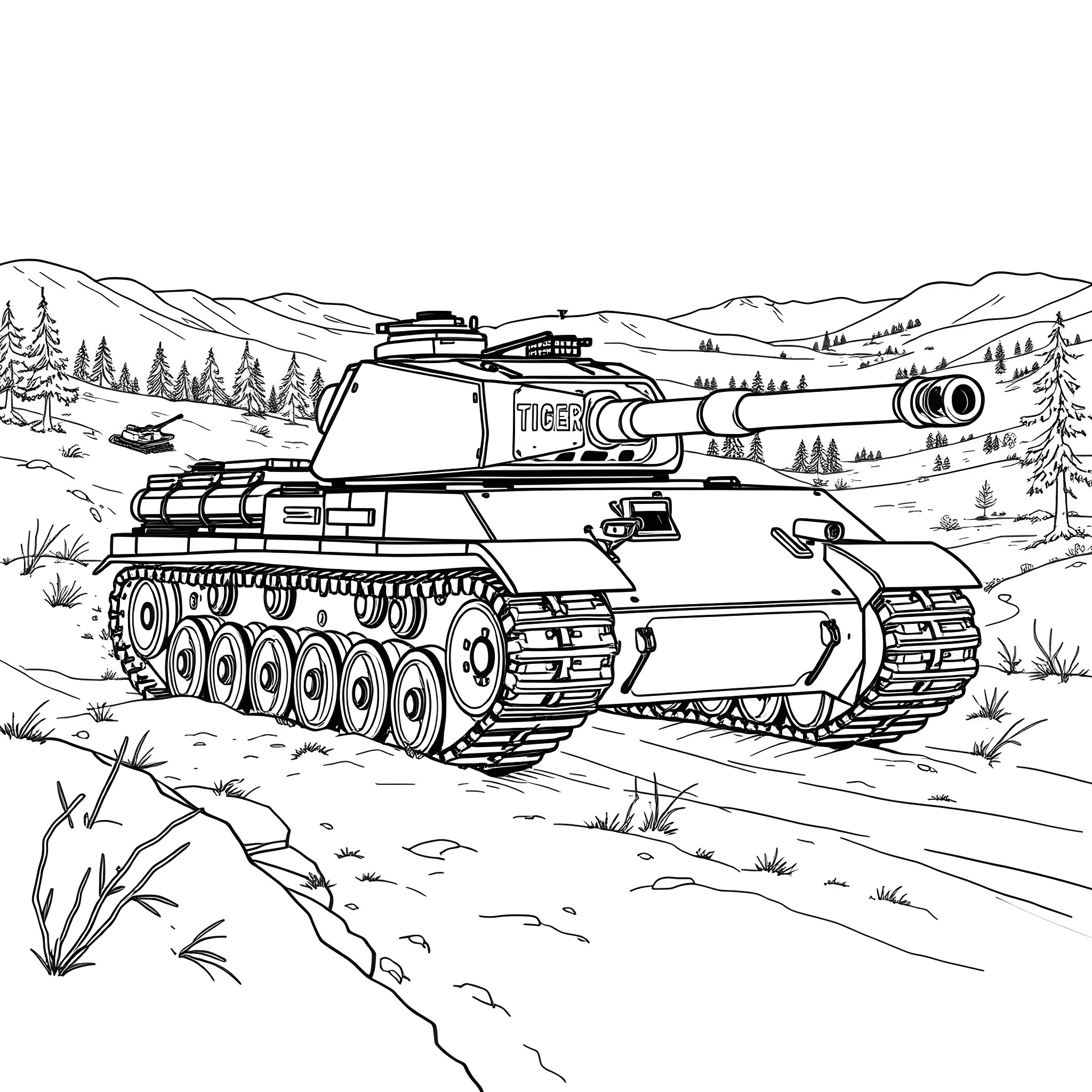Tiger I Tank on the move in rugged terrain Coloring Page (free black-and-white line drawing printable PDF for all, from beginners to advanced learners, including children, teens, adults, and seniors)