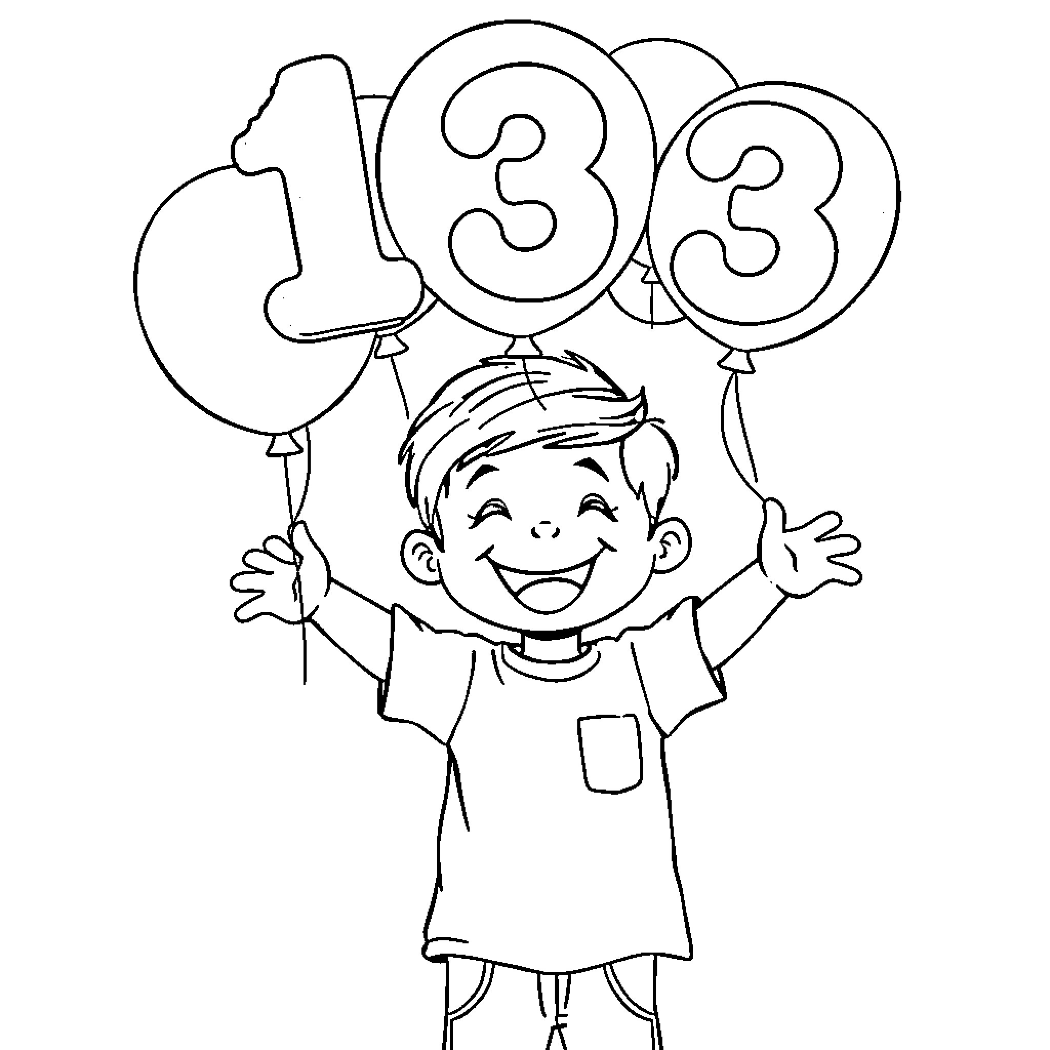 Boy celebrates birthday with balloons Coloring Page (free black-and-white line drawing printable PDF for all, from beginners to advanced learners, including children, teens, adults, and seniors)