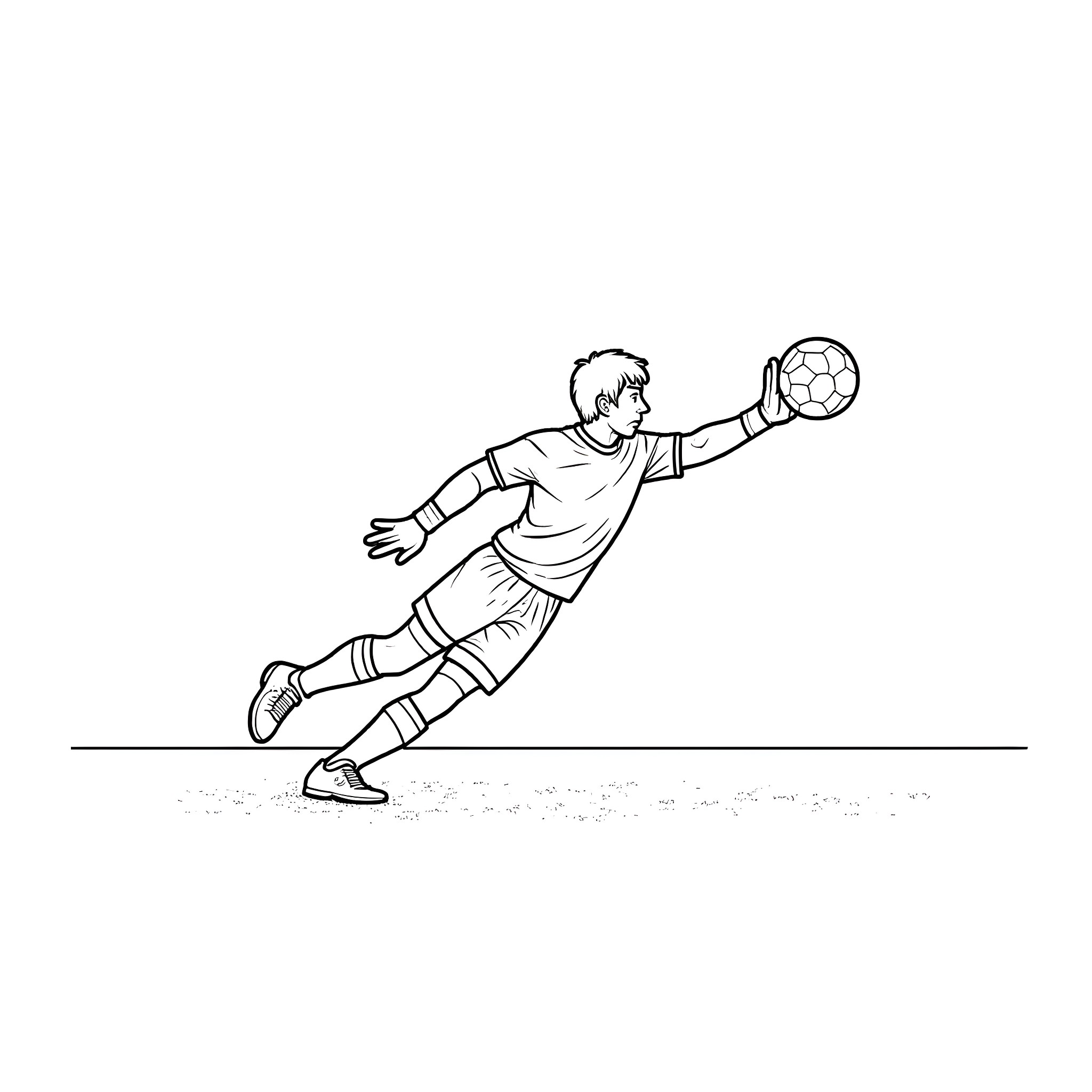 Soccer Goalkeeper Diving to Make a Save Coloring Page (free black-and-white line drawing printable PDF for all, from beginners to advanced learners, including children, teens, adults, and seniors)