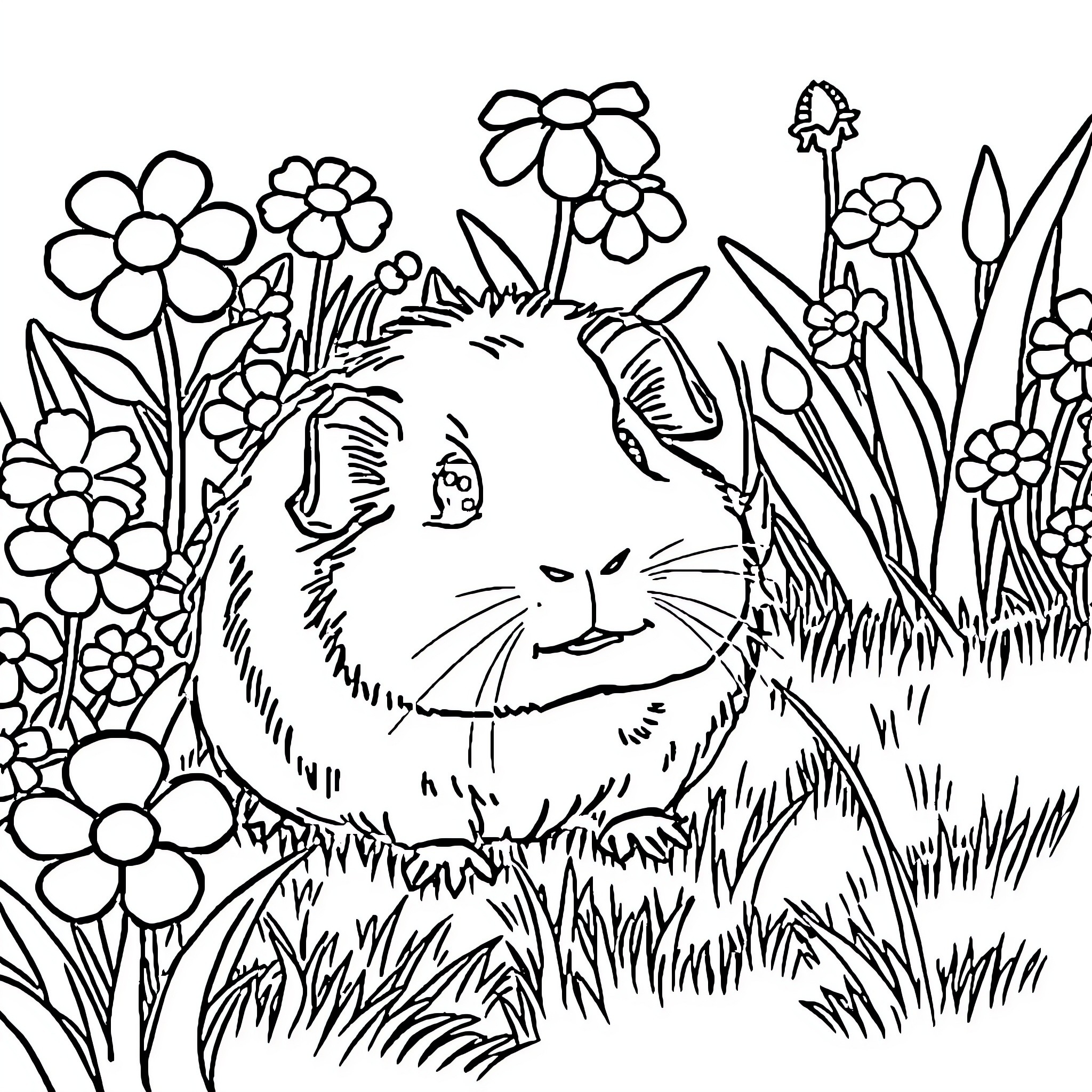 Guinea Pig among Flowers and Grass Coloring Page (free black-and-white line drawing printable PDF for all, from beginners to advanced learners, including children, teens, adults, and seniors)