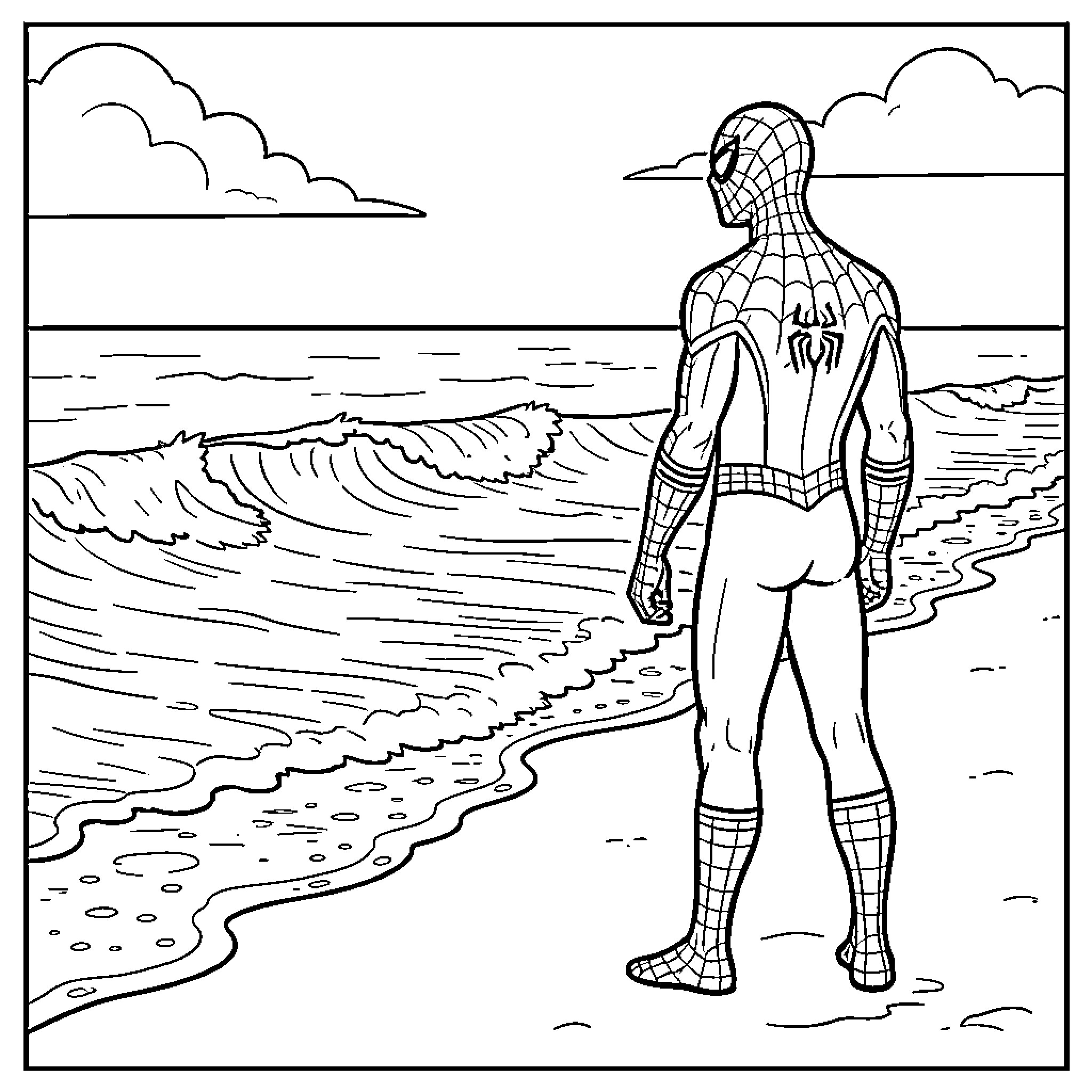 Spiderman standing and looking at ocean waves Coloring Page (free black-and-white line drawing printable PDF for all, from beginners to advanced learners, including children, teens, adults, and seniors)