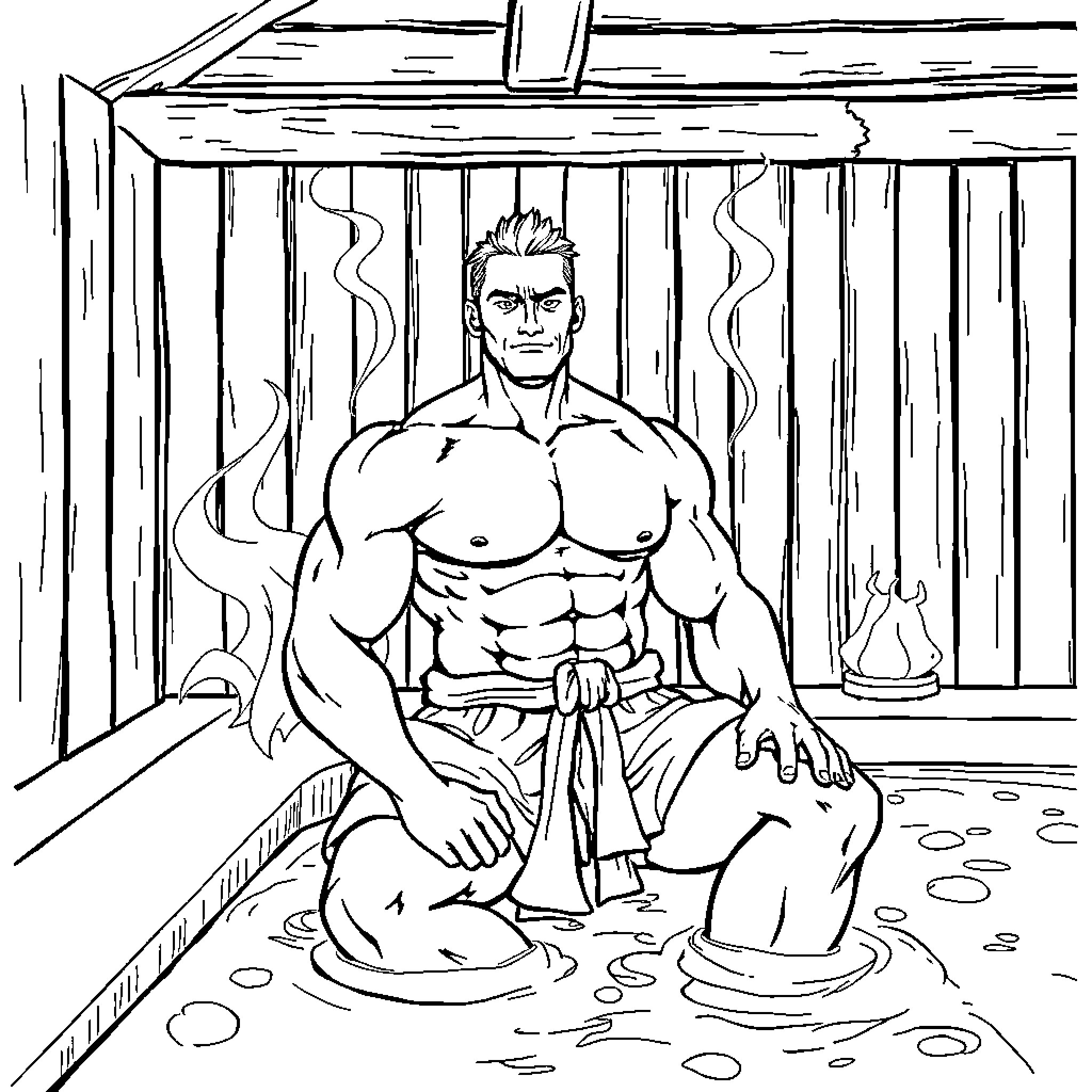 Man relaxing in a hot tub after a workout Coloring Page (free black-and-white line drawing printable PDF for all, from beginners to advanced learners, including children, teens, adults, and seniors)
