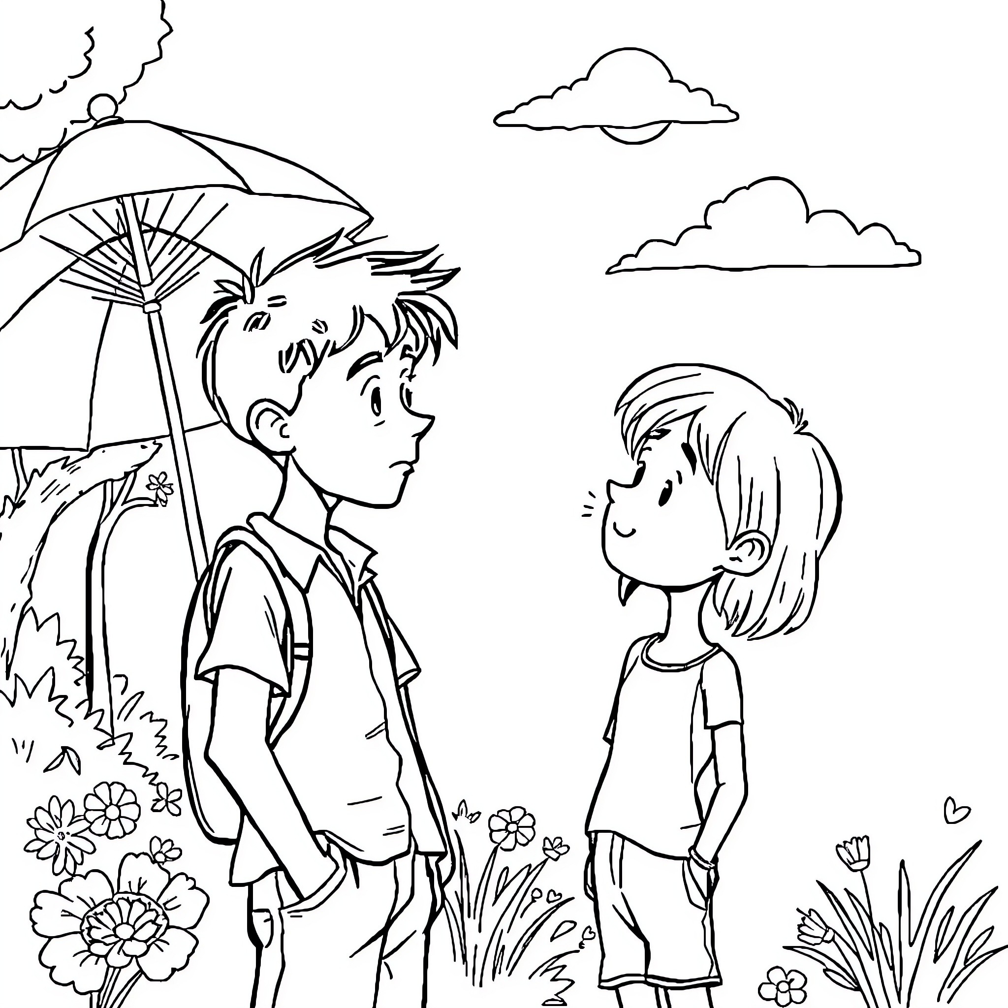 Boy and girl under umbrella in floral garden Coloring Page (free black-and-white line drawing printable PDF for all, from beginners to advanced learners, including children, teens, adults, and seniors)