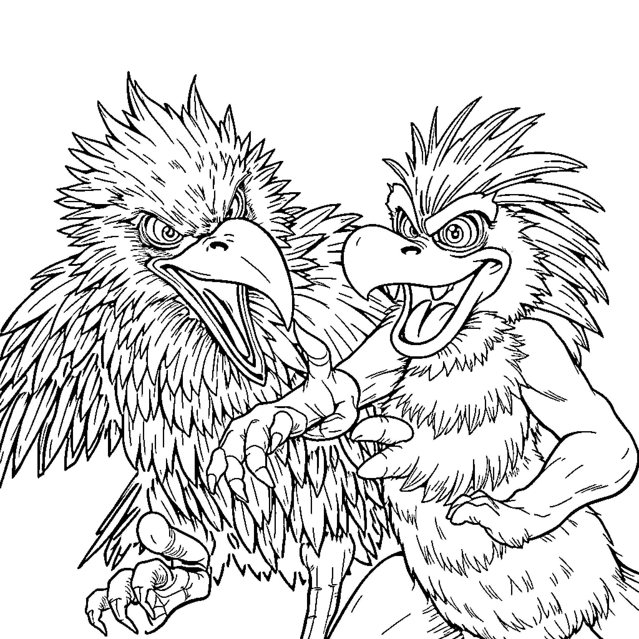 Vulture duo engaged in a heated exchange Coloring Page (free black-and-white line drawing printable PDF for all, from beginners to advanced learners, including children, teens, adults, and seniors)
